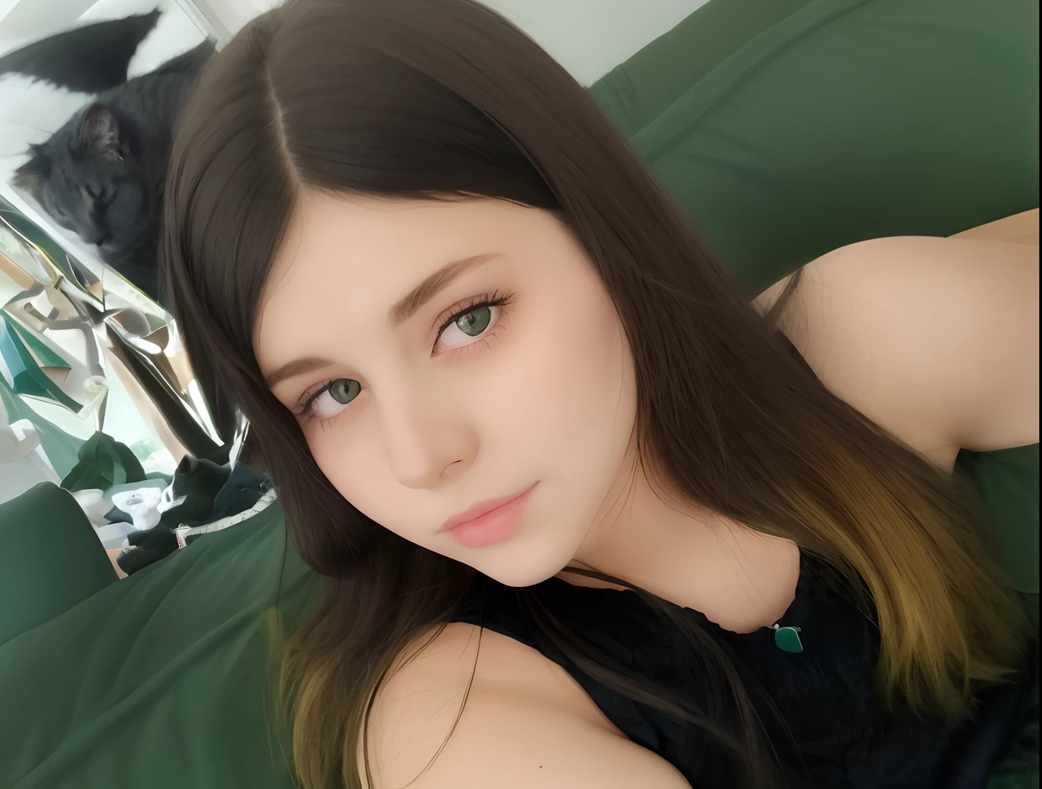 Woman sitting on a green sofa with a cat on her shoulder, 11 ano 11 anos, 11-year-old girl, ela tem cerca de 1 2 anos de idade, 1 8 I, 2 2 anos, angelawhite, 11 anos, 2 3 anos, muito bobo olhando, italian looking emma