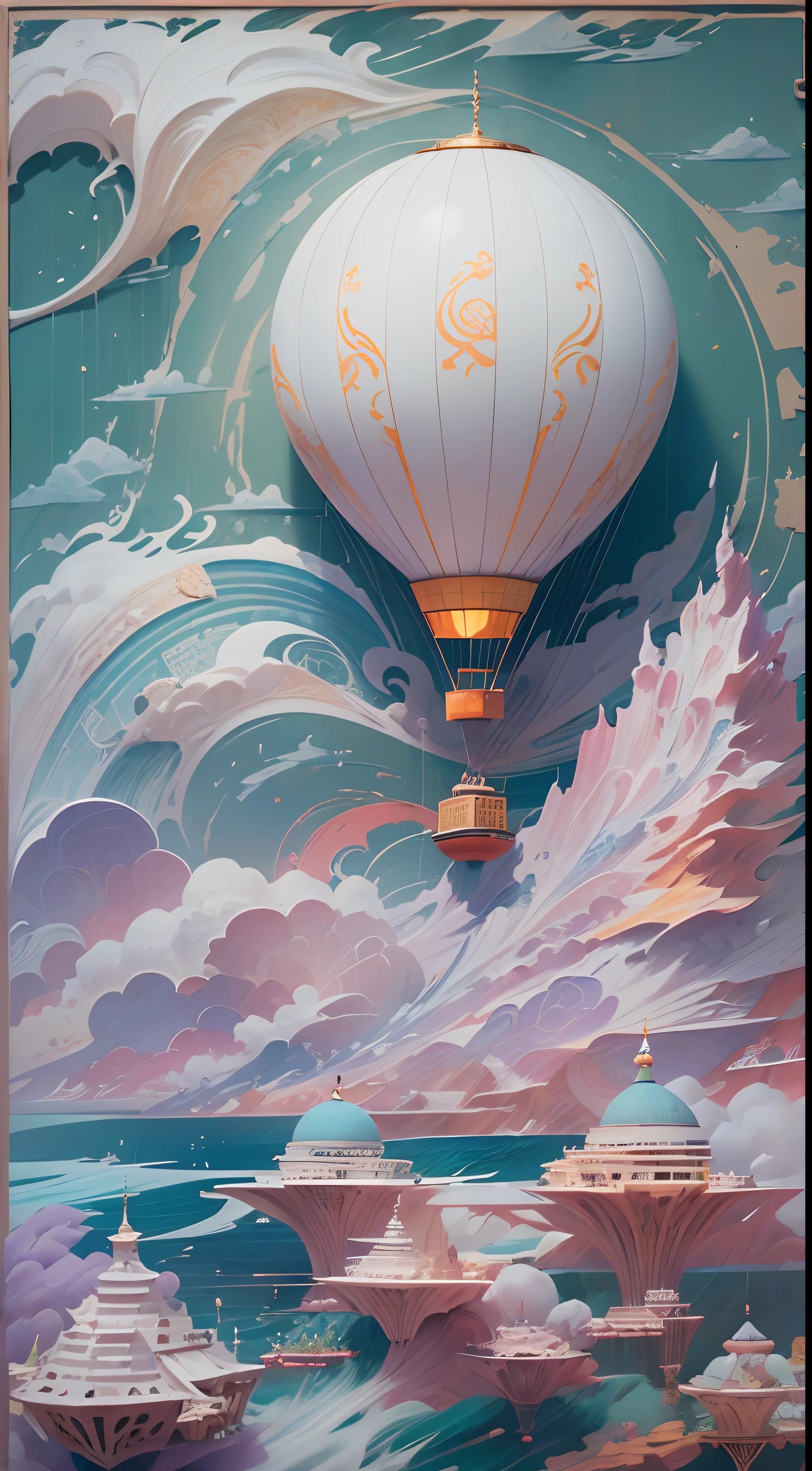 (A kind of porcelain woven from Jingdezhen, called "Azure Over the Rain", a hot air balloon quietly rises）,This hot air balloon is not like the modern one，It doesn't have bright colors，There is no modern design，But it has a strong quaint atmosphere,Its rinds are made of，Smooth and shiny，It's as if the whole sky is mounted on this little sphere。Underneath the hot air balloon，Hanging an ancient couple。They wore white robes，It's like two pure white cranes enjoying themselves in the morning breeze。The man's face was angular，The gaze is deep and warm，It's like a silent mountain，Contains endless affection。The woman's face was as soft as water，His eyes sparkled with a vision for the future。Their eyes met，It was as if time stood still in this moment，Only each other's figures flickered in the morning light。
azure sea, White waves crash against the rocks,, beautiful sky ,Photography,Clear facial features, 3D rendering of character concept art,A beautiful painting by Stephen Shore,Ukiyo-e art,Pixar style,Furuhiko's work,Masterpiece,Encaustic painting,Egg garnish,Matte painting,Modern art,spray ,bentwood,Beadwork,Etched tiles,Feather work,land art,Smoke art,carved wood,decorations,Beads and rope,Image courtesy of Ingmar Bergman（Ingmar Bergman）of works,Image from the work of Darren Aronofsky,Antoni Gaudí（Antoni Gaudí）,author：Rem Koolhaas,Oscar Niemeyer（Oscar Niemeyer）,author：Renzo Piano placeholder image,author：Alessio Albi, author：David Berdan,author：Chris Burcard,author：Ray Collins,Dreamy atmosphere,An atmosphere of happiness,Romantic atmosphere,Depth of field (degrees of freedom),boobs shot(mcu),Bottom view,Beautiful lighting, --Original style