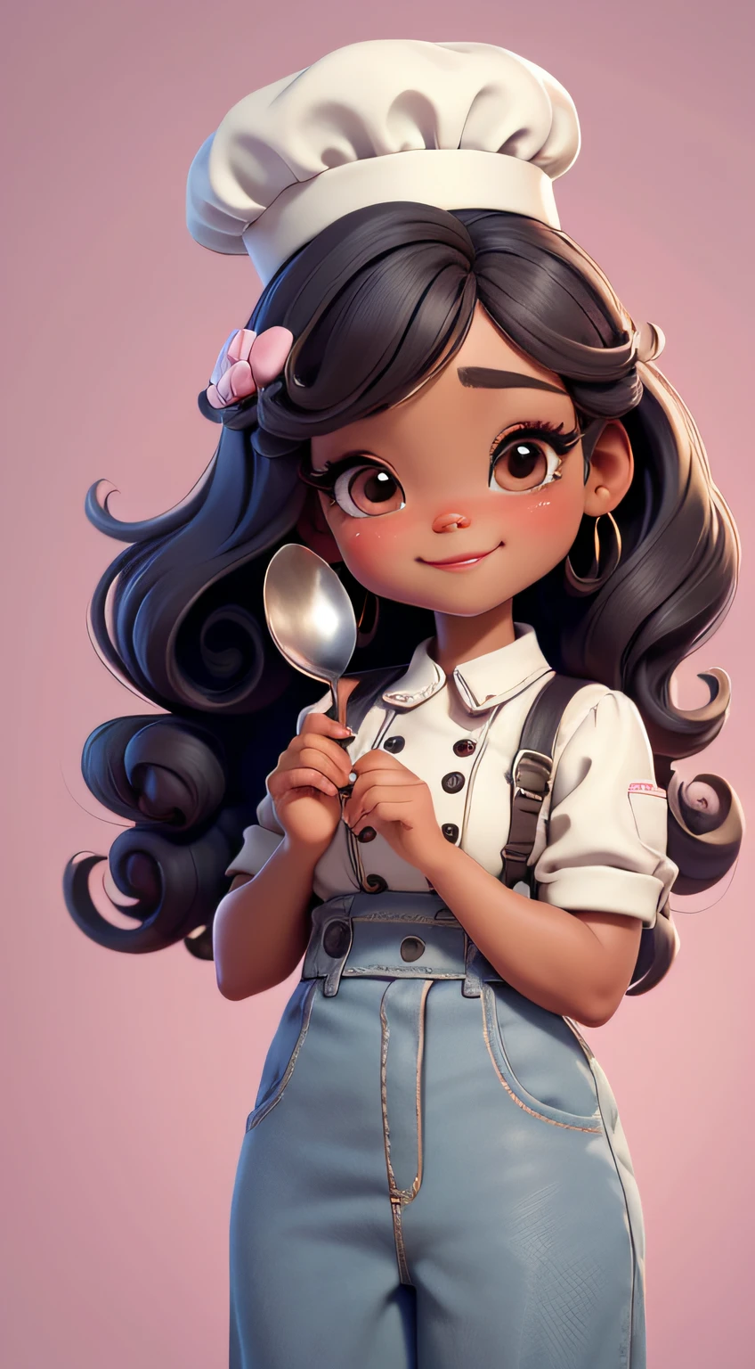 Create a series of cute baby chibi style afro dolls with a cute pastry chef theme, each with lots of detail and in an 8K resolution. All dolls should follow the same solid background pattern and be complete in the image, mostrando o (corpo inteiro, incluindo as pernas: 1.5)
Boneca Mini Chef: Chame-a de Marina. Ela deve ter cabelo pequeno em tom preto marrom. Seus olhos devem ser grandes e expressivos, with long eyelashes and rosy cheeks. Sorriso delicado e branco. Sophie deve estar vestida com uma jaqueta de chef, striped pants and an ornate chef's hat. She must hold a chocolate brigadier in her hands. Certifique-se de adicionar detalhes nas roupas, such as buttons and pockets, sapato bonito
Certifique-se de adicionar sombras, texturas e detalhes nos cabelos, roupas, confectionery utensils, to make them even more adorable and charming.