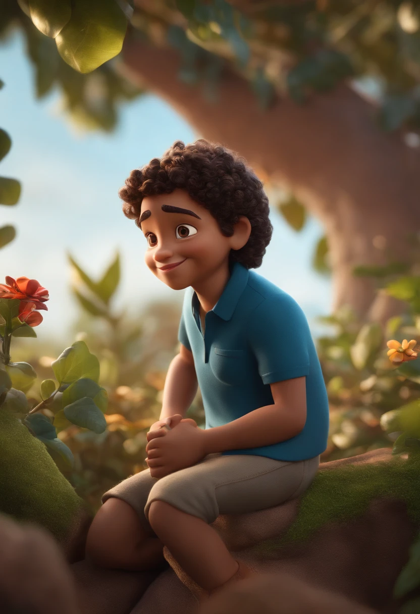 personagem dos desenhos animados de jovem alto com cor de pele morena tipo mulato. Com a blusa azul escrito Frionel. Cabelo curto quase careca, com brincos e barba curta. He's on a mountaintop, with a garden full of plants and very strong lighting. Segurando uma bandeira de chegada. Caractere estilizado, animation style rendering, 3D estilizado, Arnold Maya render, 3 d render stylized, toon render keyshot, Personagem 3D, Personagem 3D, 3d rendering stylized, 3 d character render, personagem de desenho animado, Personagem de close up, Pose de personagem, (Estilo Pixar) (master part:1.2) (Bokeh) (best quality) (pele detalhada) (textura detalhada) (8k) (argila) (Cinematic lighting) (foco nítido