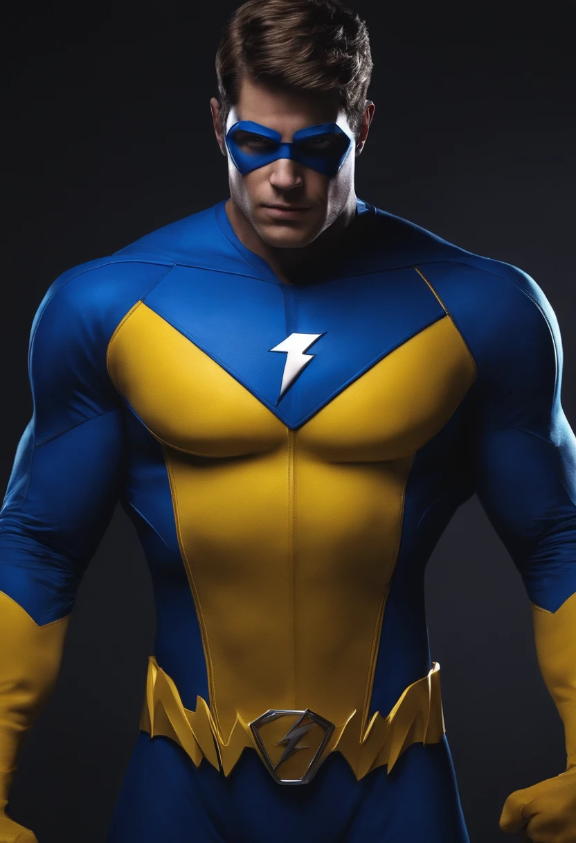 Male Super hero, sting theme, deep blue and gold suit color
