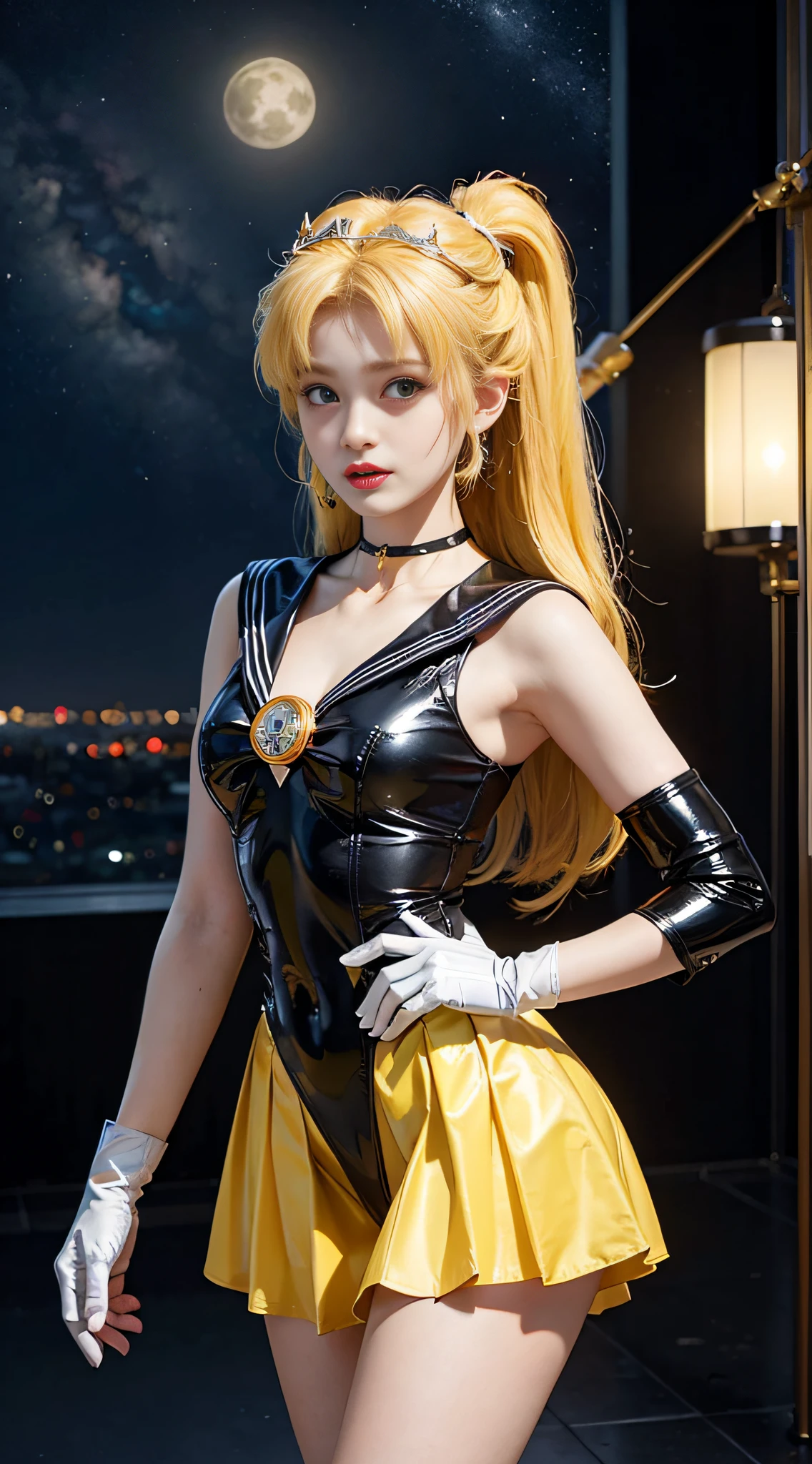((masterpiece:1.4)、(top-quality:1.4)、(reallistic:1.7))、masuter piece:1.4、a beauty girl、(Sailor Moon:1.4)、Tsukino Usagi、Body Fit Sexy Sailor Senshi Uniform、(latex shiny)、(The jacket is a white sleeveless sailor suit)、(Skirt Blue Sexy Ultra Ultra Pleated Mini Skirt)、The collar of the sailor suit is blue with two thin lines.、high leg swimsuit、Red cloth ornament at chest、(Wearing white gloves)、Kawaii Girl、Super beauty、foco nítido、Portrait photos、Upper body photography:1.4、beautiful countenance、beautidful eyes、Narrow waist、beauty legs、(yellow hair:1.4)、(length hair:1.2)、Beautiful udder、large full breasts:1.2、Sexy ass、Raw photo、red-lips、Red high heels:1.4、a choker:1.4、a necklace:1.4、耳Nipple Ring:1.4、Luxurious Golden Tiara:1.4、1 screen display、a moon、kosmos、spaceships、A space station、City of the Future