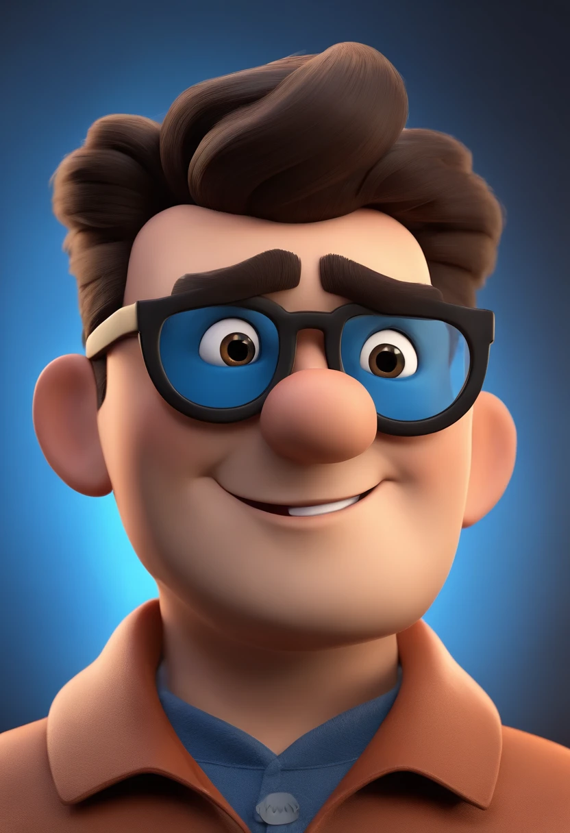 Cartoon character of a man wearing black glasses and a blue shirt, um personagem animado, Caractere estilizado, animation style rendering, 3D estilizado, Arnold Maya render, 3 d render stylized, toon render keyshot, Personagem 3D, Personagem 3D, 3d rendering stylized, 3 d character render, personagem de desenho animado, Personagem de close up, Pose de personagem, (Estilo Pixar) (master part:1.2) (Bokeh) (best quality) (pele detalhada) (textura detalhada) (8k) (argila) (Cinematic lighting) (foco nítido,Senta e vaza a parte superior do corpo