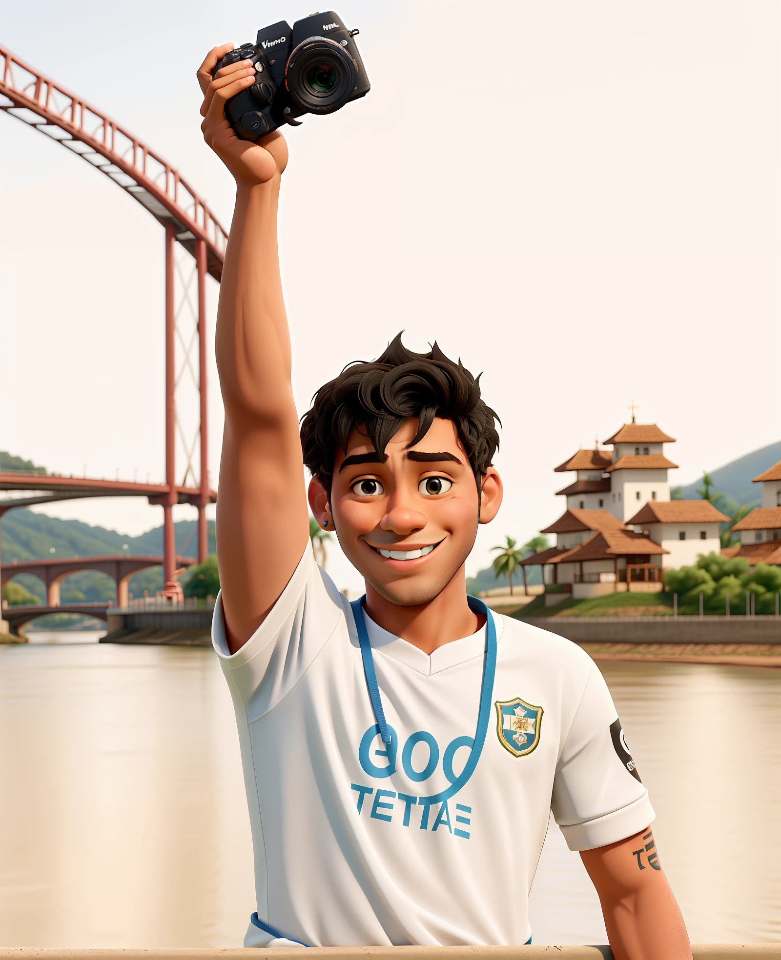Arafed man holding a camera in front of a bridge, caio santos, sorriso orgulhoso, smug smirk, ariel perez, smug smirk, acenando e sorrindo, inspired by Antônio Parreiras, inspirado em Samuel Silva, Dan dos Santos, suave em _ O pano de fundo, neymar, sorriso manhoso, River in front of you