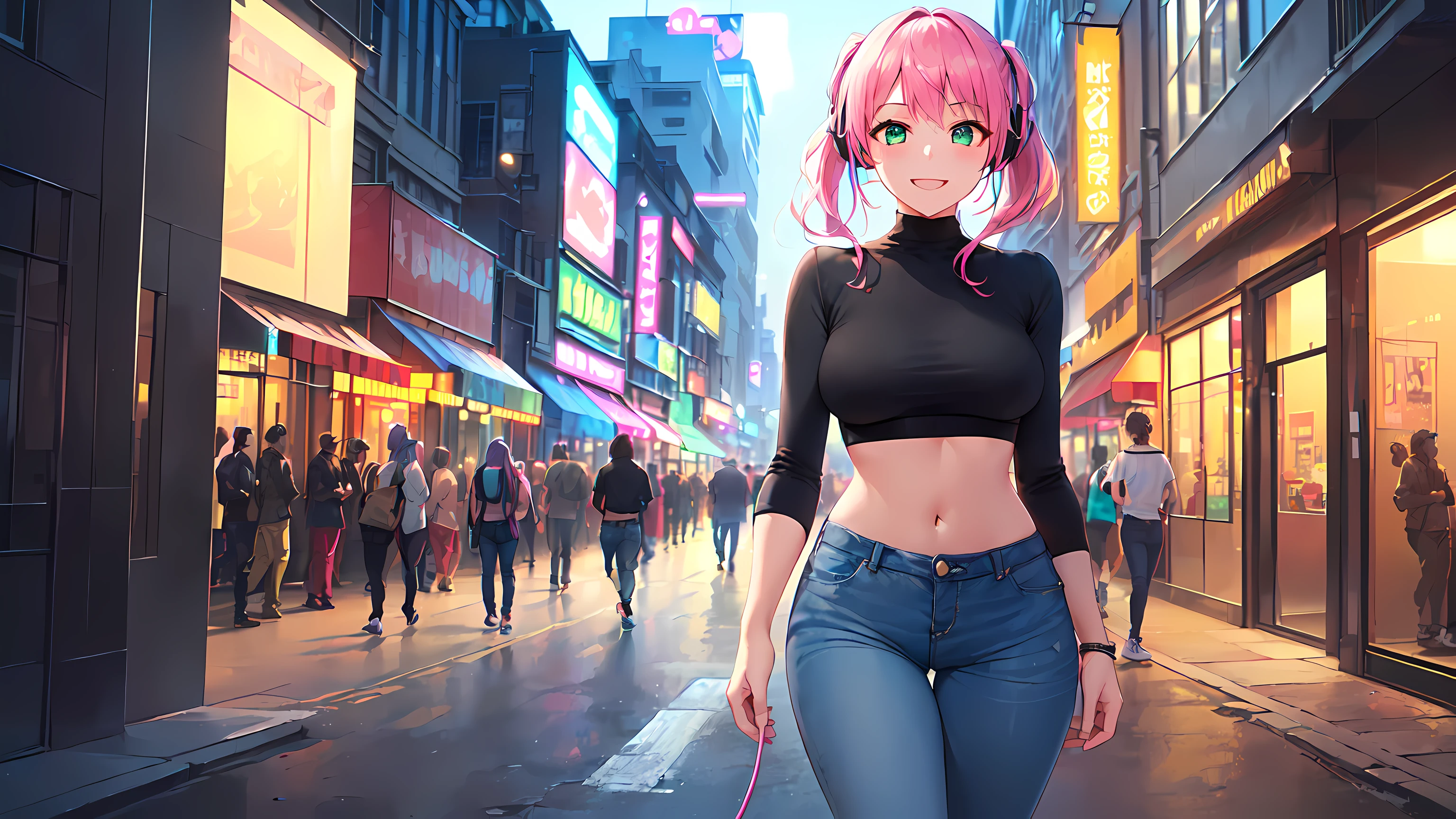 Anime girl walking down a city street with a pink hair - SeaArt AI