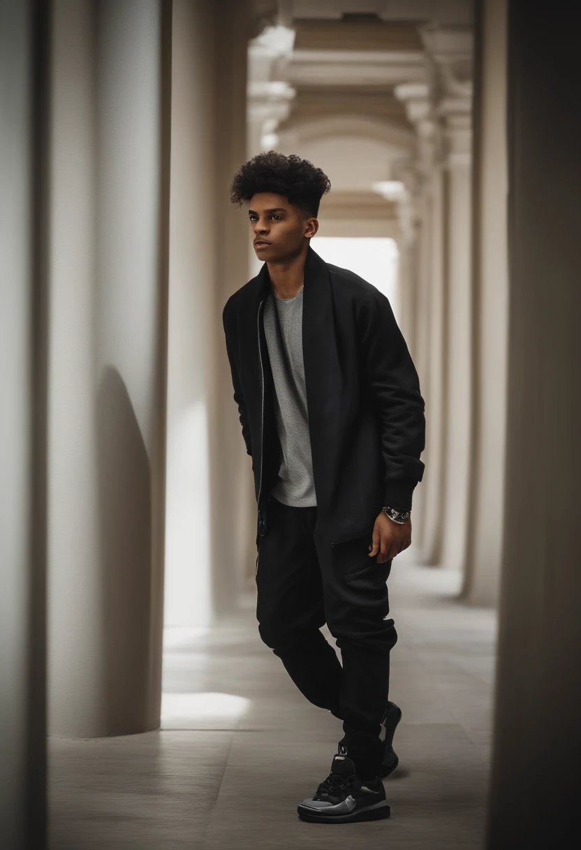 A skinny 15-year-old boy with gradient hair on the sides and on top combed to the side and with a short topknot, Hair color is black and eyes are black, He has a very small and thin moustache that is almost imperceptible, flash blouse and black leather pants, on one side of the pants, uma correntinha prata pindura, a black Jordan sneaker, Skin color is light, a silver watch on his right arm and a silver bracelet on his right arm, A silver cord, dentro de um quarto gamer pequeno