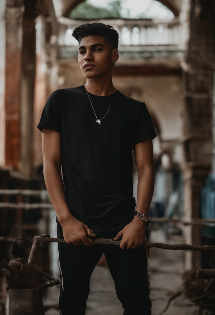 A skinny -yeld boith gradient hair on the sides and on top combed to the side and with a short topknot, Hair color is black and eyes are black, He has a very small and thin moustache that is almost imperceptible, flash blouse and black leather pants, on one side of the pants, uma correntinha prata pindura, a black Jordan sneaker, Skin color is light, a silver watch on his right arm and a silver bracelet on his right arm, A silver cord, dentro de um quarto gamer pequeno