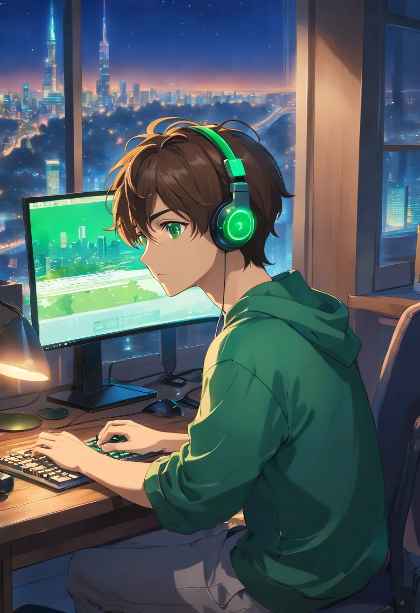 A college student gaming in his bedroom on computer desk, he has brown hair and emerald green eyes. Wearing a headset. City view outside his window. Its night time