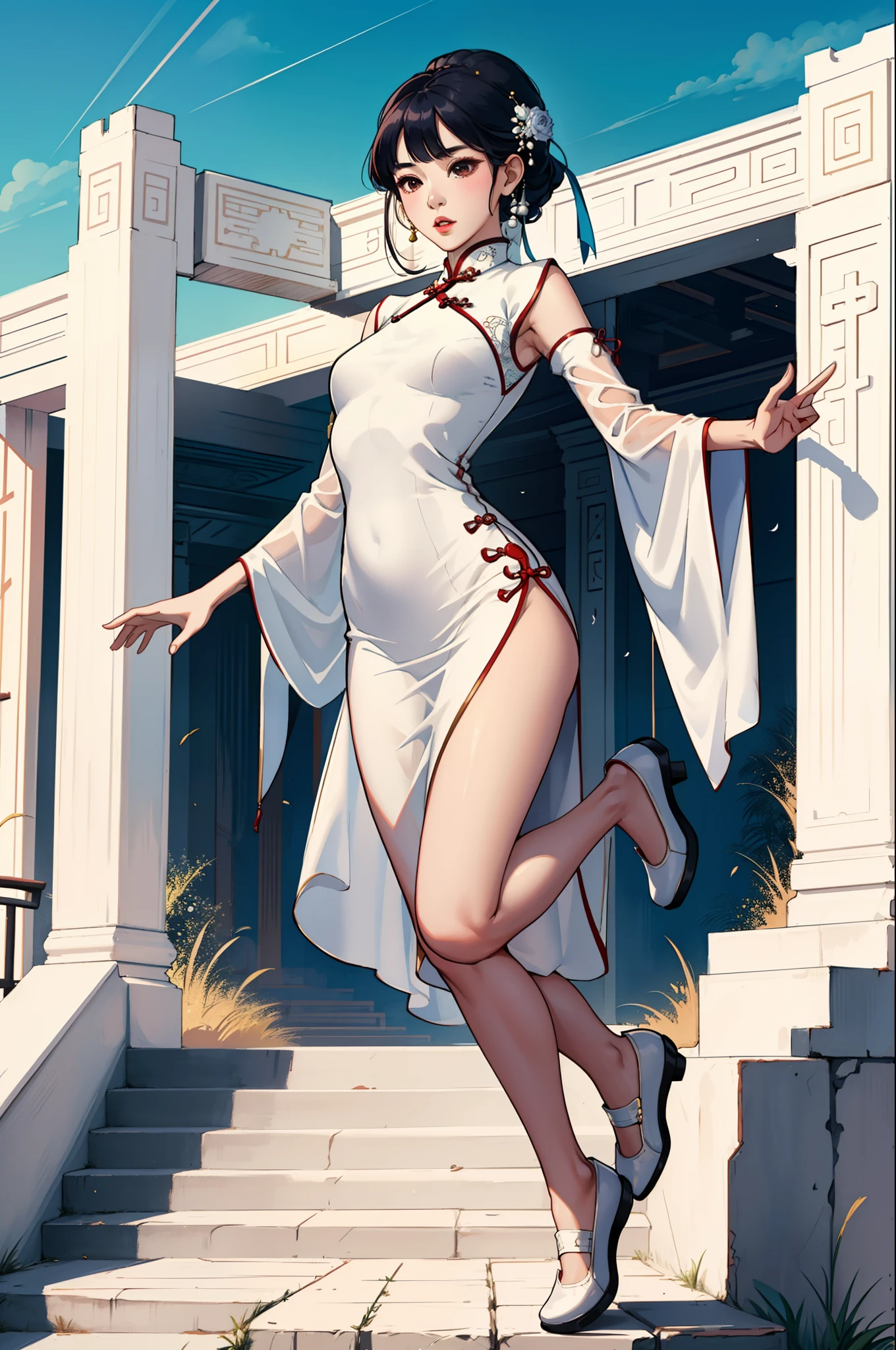 1girl、8k、masterpiece、fine in texture、Go high and jump、wear:Gorgeous cheongsam、bright colour、Delicate and graceful body shape,tall Very long arms very long legs broad shoulders qipao dress white shoe white glove