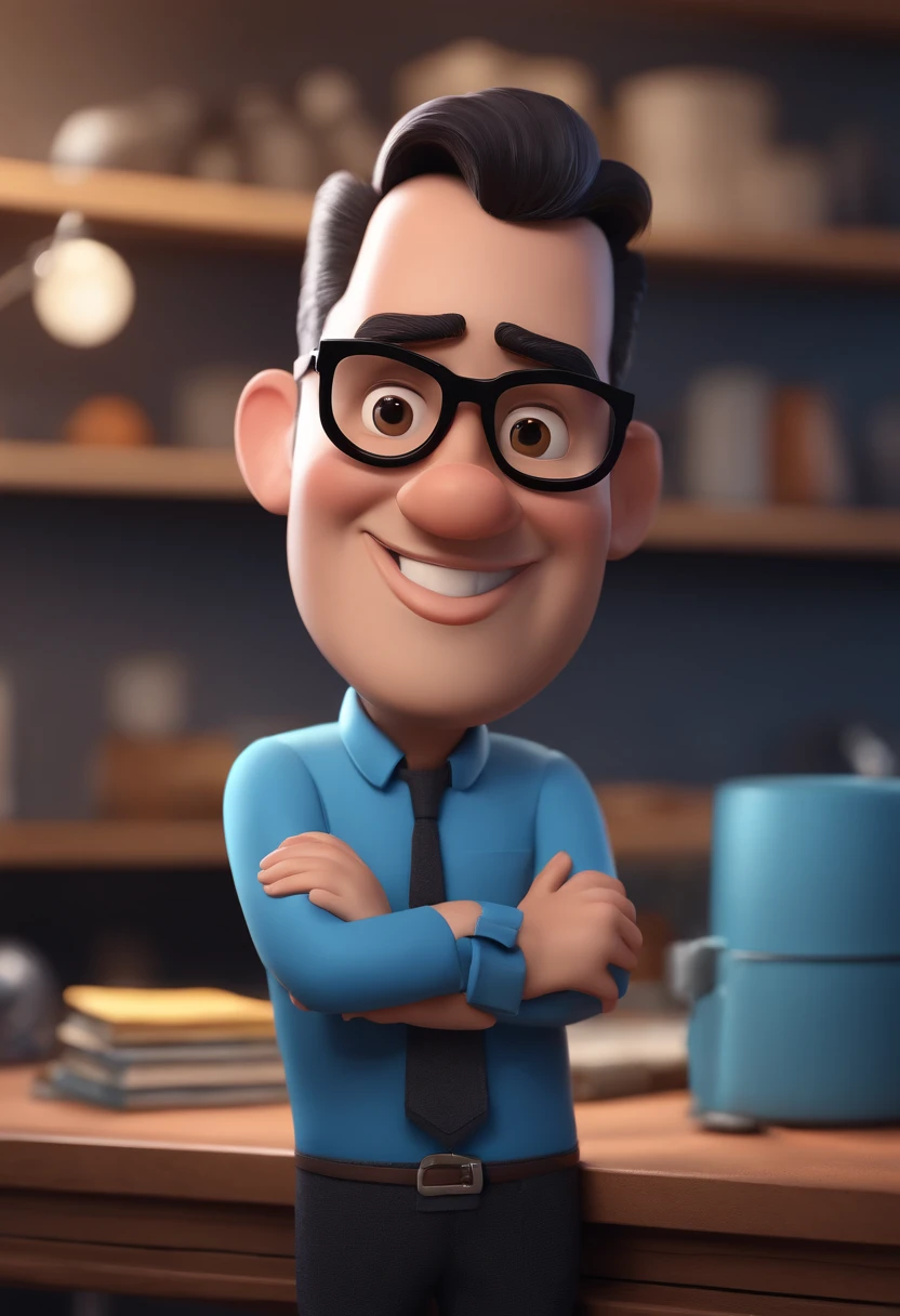 Cartoon character of a man with black glasses and a blue shirt, animation character, Caractere estilizado, animation style rendering, 3D estilizado, Arnold Maya render, 3 d render stylized, toon render keyshot, Personagem 3D, Personagem 3D, 3d rendering stylized, 3 d character render, personagem de desenho animado, Personagem de close up, Pose de personagem, (Estilo Pixar) (master part:1.2) (Bokeh) (best quality) (pele detalhada) (textura detalhada) (8k) (argila) (Cinematic lighting) (foco nítido