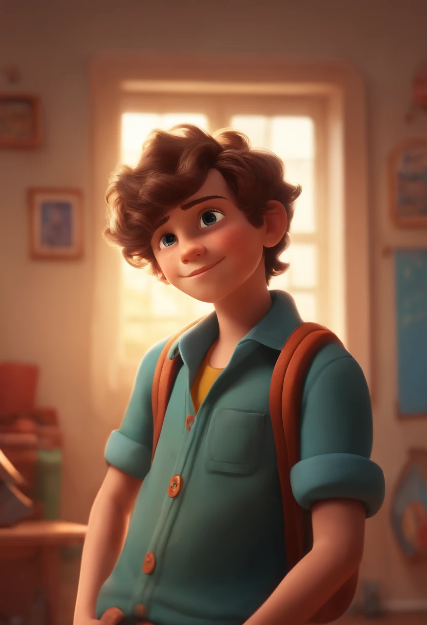 Image of a boy for a story in a YouTube video in Pixar format, He's the little allabester, He's the class leader, He's outgoing, Playful and gets up for a lot of things, cabelo curto