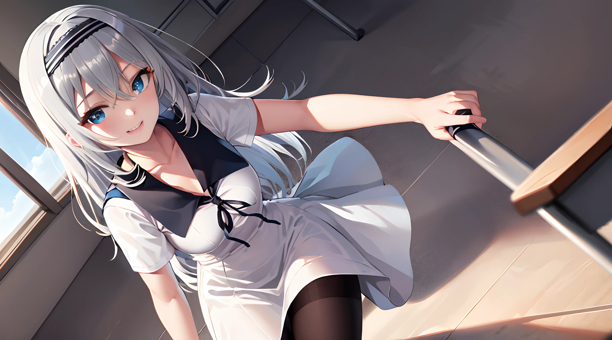 masterpiece,best quality, highres, kei1, 1girl, solo, blue eyes, long hair, white dress, short sleeves, ribbon, bangs, collarbone, grey hair, white skirt, black hairband, black pantyhose, neck ribbon, hair between eyes, medium breasts, sailor collar, cowboy shot, classroom, smile,