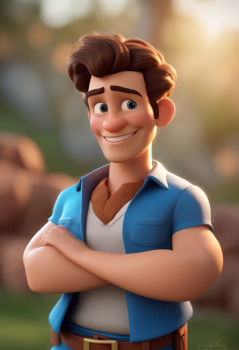 personagem dos desenhos animados de um homem em uma camisa azul, barba baixa e bem feita e sorrindo. cabelo baixo e preto e penteado pro lado , olhos de cor castanhos escuros, orelhas medias, olhando para frente e sorrindo. animation character, Caractere estilizado, animation style rendering, 3D estilizado, Arnold Maya render, 3 d render stylized, toon render keyshot, Personagem 3D, Personagem 3D, 3d rendering stylized, 3 d character render, personagem de desenho animado, Personagem de close up, Pose de personagem, (Estilo Pixar) (master part:1.2) (Bokeh) (melhor qualidade) (pele detalhada) (textura detalhada) (8k) (argila) (Cinematic lighting) (foco nítido