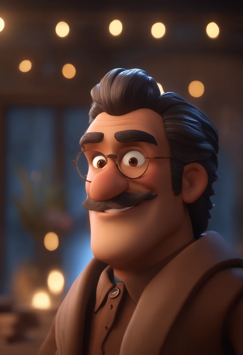 personagem dos desenhos animados de um homem em uma camisa azul, barba baixa e bem feita e sorrindo. cabelo baixo e preto e penteado pro lado , olhos de cor castanhos escuros, orelhas medias, olhando para frente e sorrindo. animation character, Caractere estilizado, animation style rendering, 3D estilizado, Arnold Maya render, 3 d render stylized, toon render keyshot, Personagem 3D, Personagem 3D, 3d rendering stylized, 3 d character render, personagem de desenho animado, Personagem de close up, Pose de personagem, (Estilo Pixar) (master part:1.2) (Bokeh) (melhor qualidade) (pele detalhada) (textura detalhada) (8k) (argila) (Cinematic lighting) (foco nítido