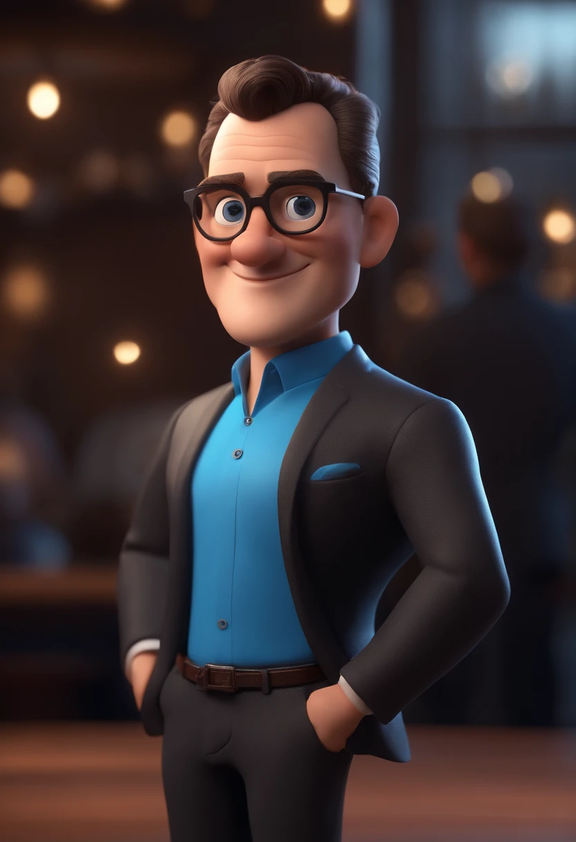 Cartoon character of a man with black glasses and a blue shirt, animation character, Caractere estilizado, animation style rendering, 3D estilizado, Arnold Maya render, 3 d render stylized, toon render keyshot, Personagem 3D, Personagem 3D, 3d rendering stylized, 3 d character render, personagem de desenho animado, Personagem de close up, Pose de personagem,  (Estilo Pixar) (master part:1.2) (Bokeh) (best quality) (pele detalhada) (textura detalhada) (8k) (argila) (Cinematic lighting) (foco nítido