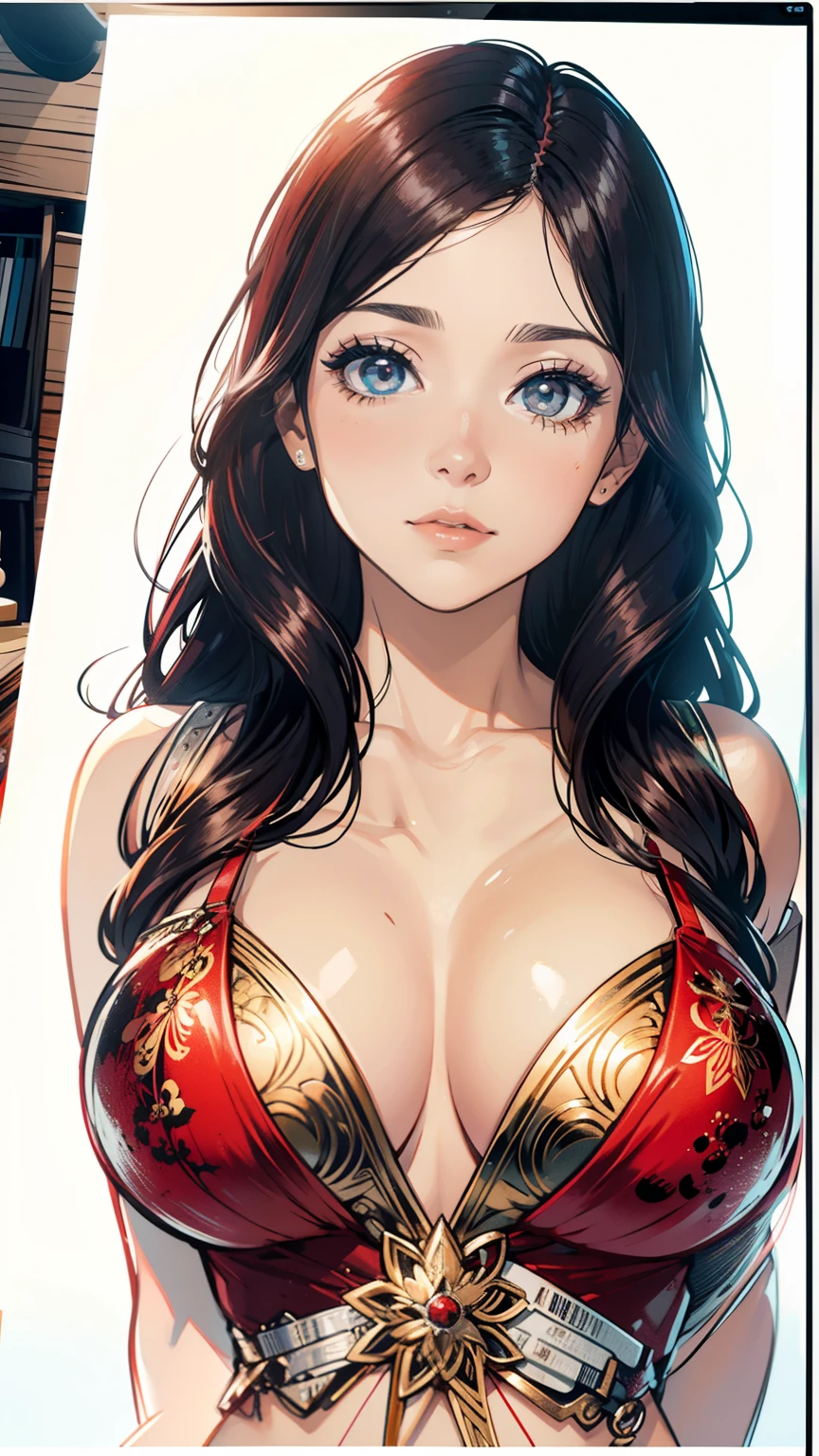 Uma mulher cabelos pretos,olhos castanhos,roupa vermelha, alta qualidade, premiados, best quality, alta resolução, 1080P, Hard disk, 4k, 8k, 16 mil
