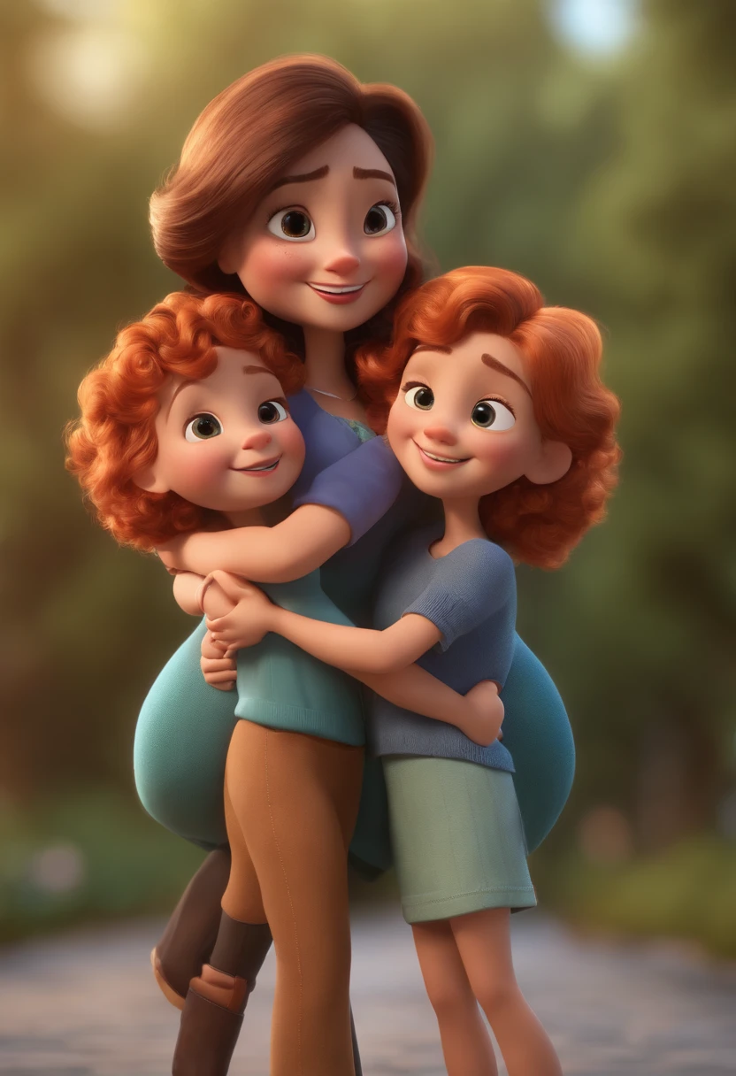 Three sisters hugging each other, uma mais velha, uma mais nova e a do meio, They Smiling Animation Character, Caractere estilizado, animation style rendering, 3D estilizado, Arnold Maya render, 3 d render stylized, toon render keyshot, Personagem 3D, Personagem 3D, 3d rendering stylized, 3 d character render, personagem de desenho animado, Personagem de close up, Pose de personagem, (Estilo Pixar) (master part:1.2) (Bokeh) (melhor qualidade) (pele detalhada) (textura detalhada) (8k) (argila) (Cinematic lighting) (foco nítido