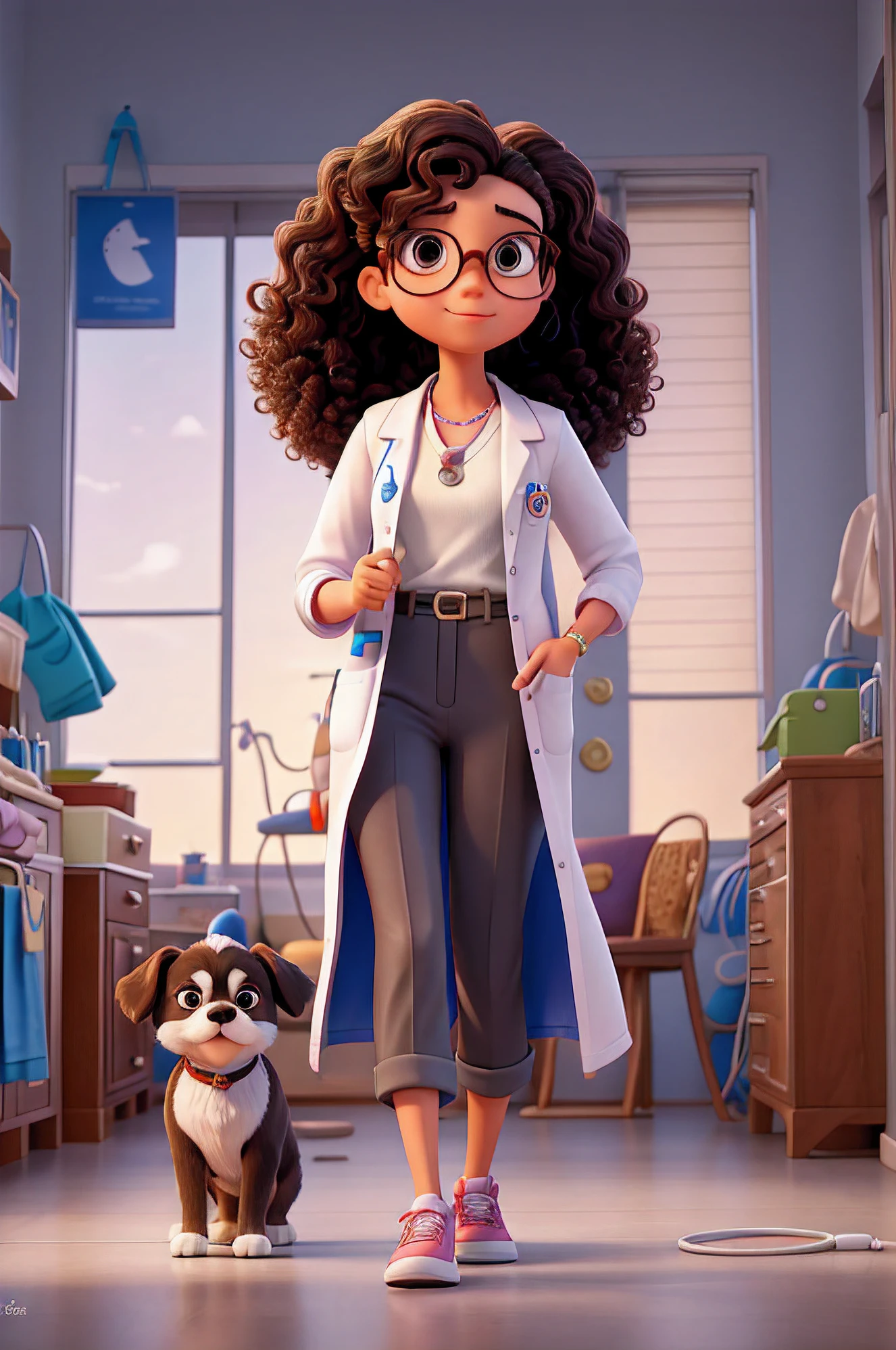 Create a Disney Pixar-style poster. Neste cartaz, Portraying a beautiful veterinarian with long dark curly hair, pela clara, olhos castanhos, round prescription glasses and a stethoscope on the neck, Dressed in white pants, White T-shirt and white sneakers and a pink jacket. Holding a beautiful black and white female shih-tzu, in a veterinary clinic