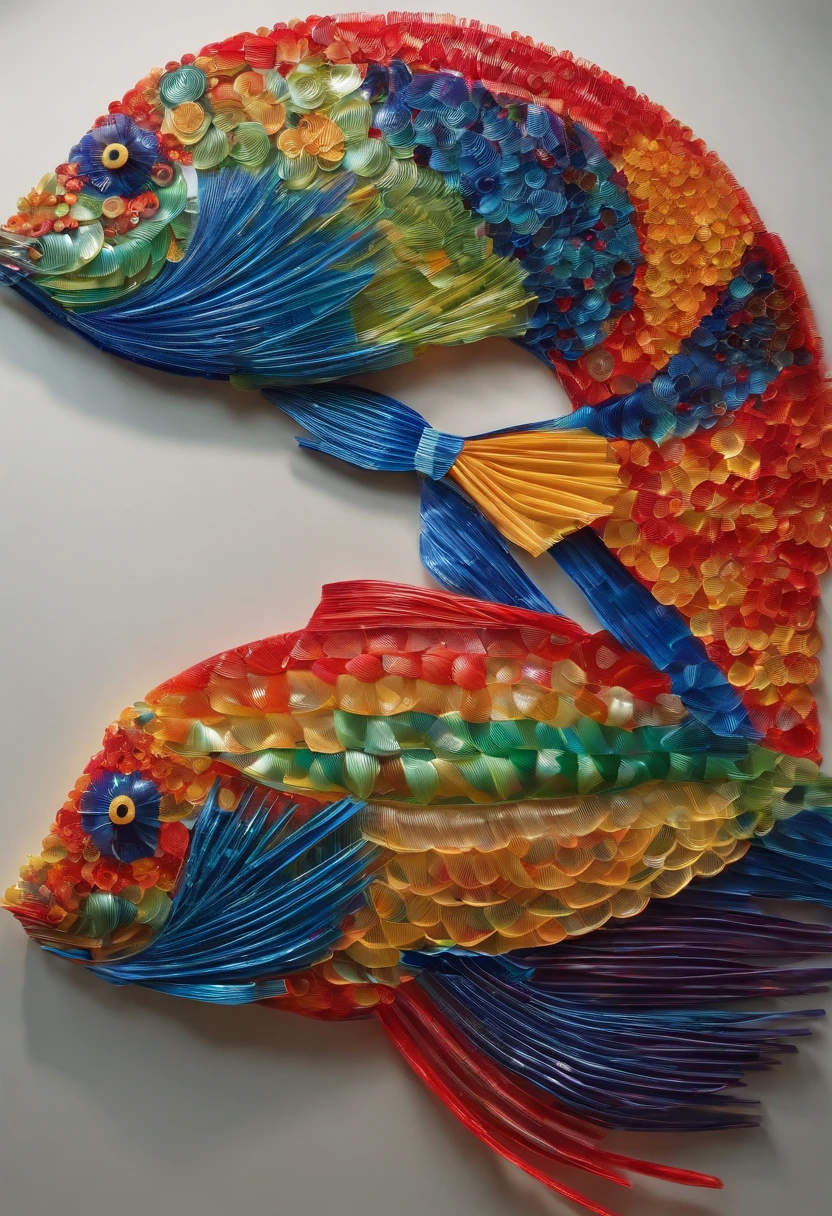 Image of a fish made of disposable lids and straws
