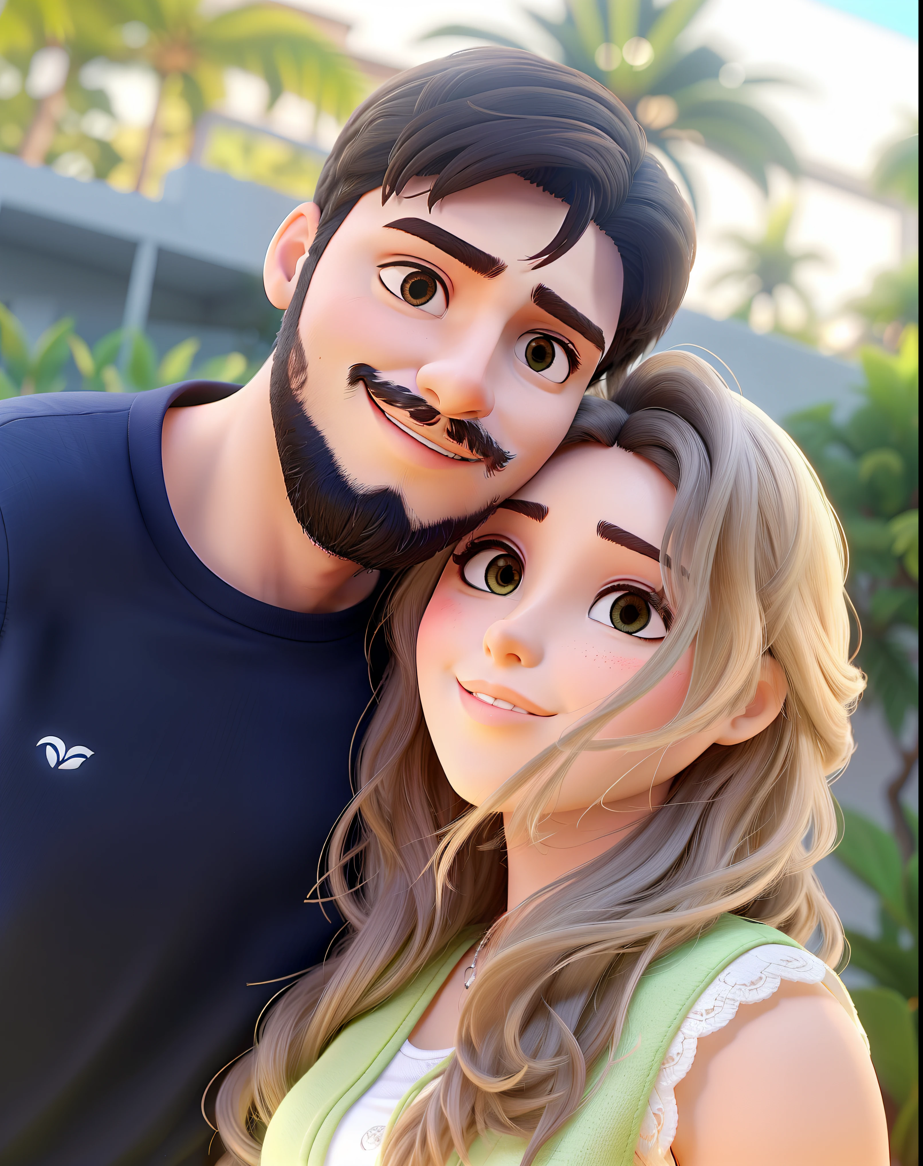 um casal sentado no banco de um jardim com a luz do sol batendo no rosto