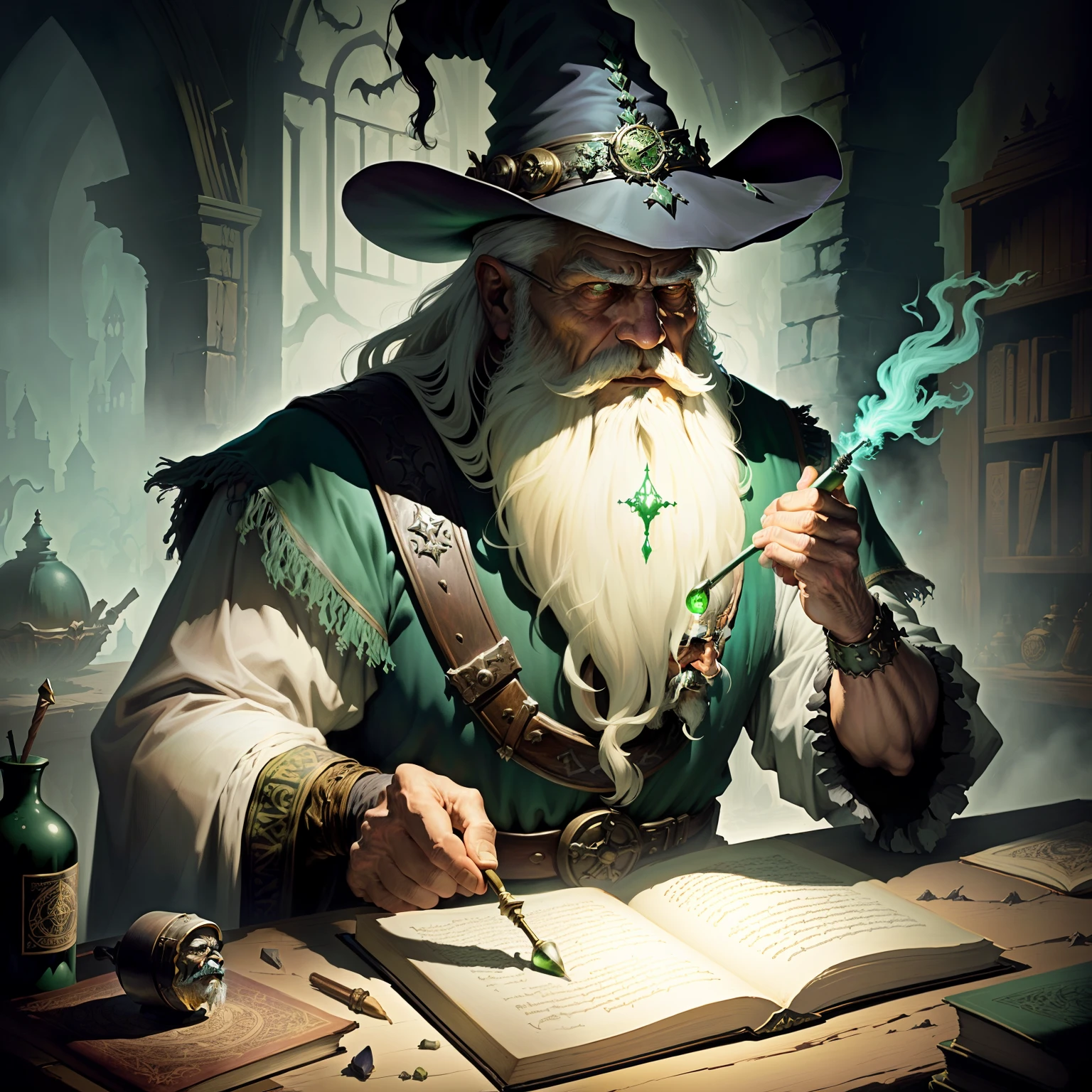 Dark fantasy,book illustration,drawing,1970s,style of frank frazetta,old wizard making potion,big Grey beard,green potion, inside spooky albolatory