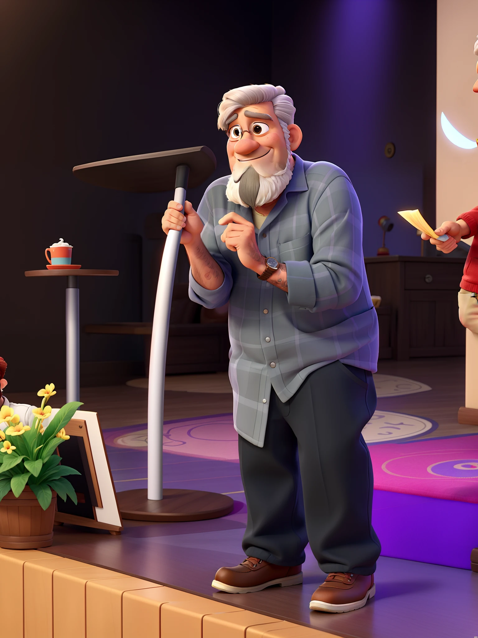 Um homem moreno de 63 anos cabelos e barbas bem grisalhos estilo Disney pixar, melhor qualidade e alta qualidade