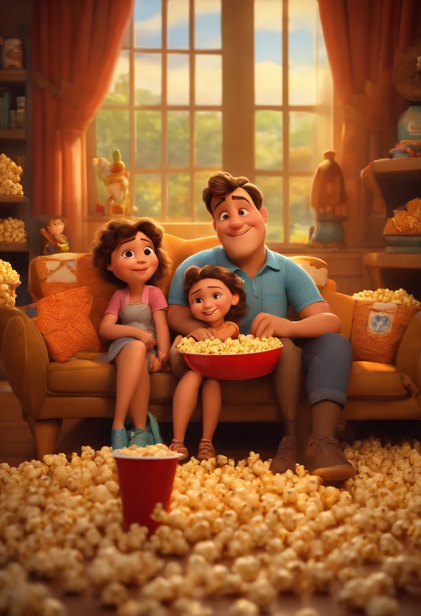 Happy family in a room full of popcorn style 3D Disney Pixar high definition cartoon, Muita pipoca, obra-prima, melhor qualidade, realista, ultra detalhado,