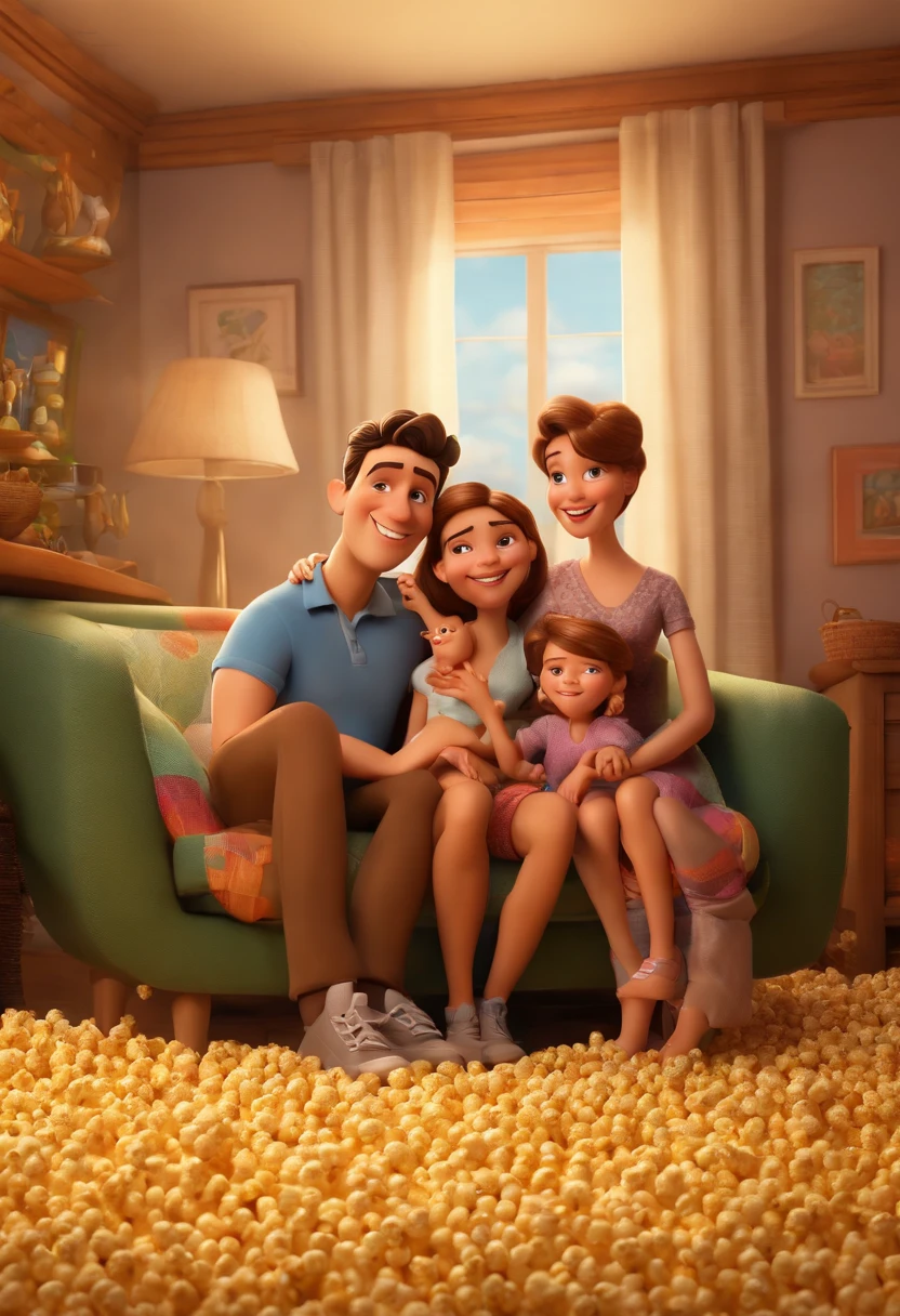 Happy family in a room full of popcorn style 3D Disney Pixar high definition cartoon, Muita pipoca, obra-prima, melhor qualidade, realista, ultra detalhado,