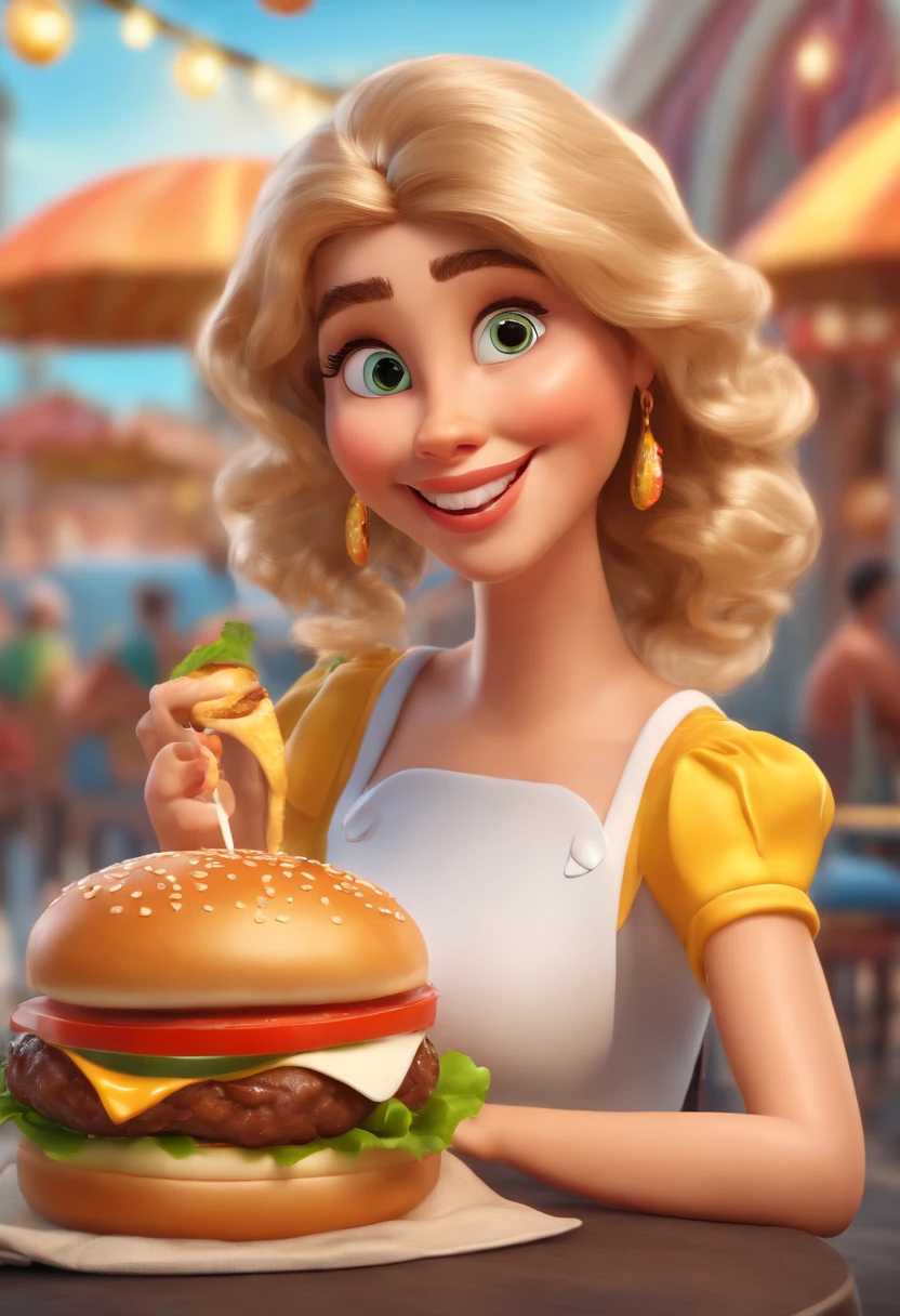 (best quality,4k,8k,highres,masterpiece:1.2),ultra-detailed,(realistic,photorealistic,photo-realistic:1.37),1girl,eating a burger,hungry,DIsney Cartoon,Pixar style,3D rendering,Disney,illustration,playful,colorful,sparkling colors,happy atmosphere,toon shading,detailed hand-drawn lines,soft shadows, vibrant lighting,Cheerful music,funny expressions,whimsical background,fantastic scenery,juicy and appetizing burger,meticulously crafted burger ingredients,golden sesame seed buns,crisp lettuce,fresh tomatoes,melting cheese,succulent beef patty,crunchy pickles,savoury sauces,crispy fries,refreshing fizzy drinks,wide-eyed,expressive eyes,delightful smile,enthusiastic eating gestures,joyful and lively scene