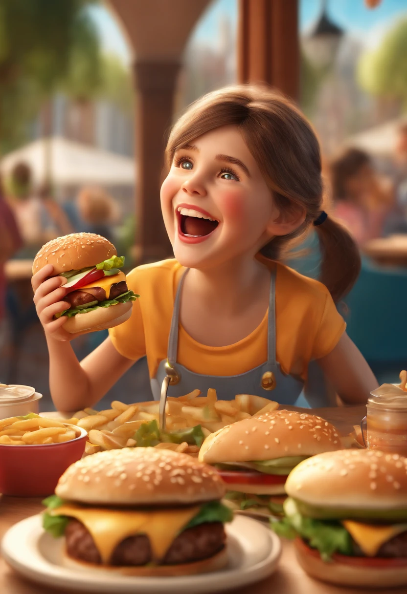 (best quality,4k,8k,highres,masterpiece:1.2),ultra-detailed,(realistic,photorealistic,photo-realistic:1.37),1girl,eating a burger,hungry,DIsney Cartoon,Pixar style,3D rendering,Disney,illustration,playful,colorful,sparkling colors,happy atmosphere,toon shading,detailed hand-drawn lines,soft shadows, vibrant lighting,Cheerful music,funny expressions,whimsical background,fantastic scenery,juicy and appetizing burger,meticulously crafted burger ingredients,golden sesame seed buns,crisp lettuce,fresh tomatoes,melting cheese,succulent beef patty,crunchy pickles,savoury sauces,crispy fries,refreshing fizzy drinks,wide-eyed,expressive eyes,delightful smile,enthusiastic eating gestures,joyful and lively scene