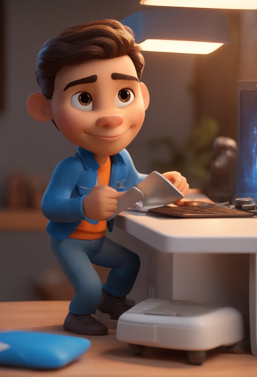 personagem dos desenhos animados de jovem alto com cor de pele morena tipo mulato. With the blue blouse and beige pants written Frionel. Cabelo raspado quase careca, com brincos e barba curta. Working in a large office in front of the computer with various parts of air conditioner, washing machine. Com uma luz bem forte  Caractere estilizado, animation style rendering, 3D estilizado, Arnold Maya render, 3 d render stylized, toon render keyshot, Personagem 3D, Personagem 3D, 3d rendering stylized, 3 d character render, personagem de desenho animado, Personagem de close up, Pose de personagem,  (Estilo Pixar) (master part:1.2) (Bokeh) (best quality) (pele detalhada) (textura detalhada) (8k) (argila) (Cinematic lighting) (foco nítido