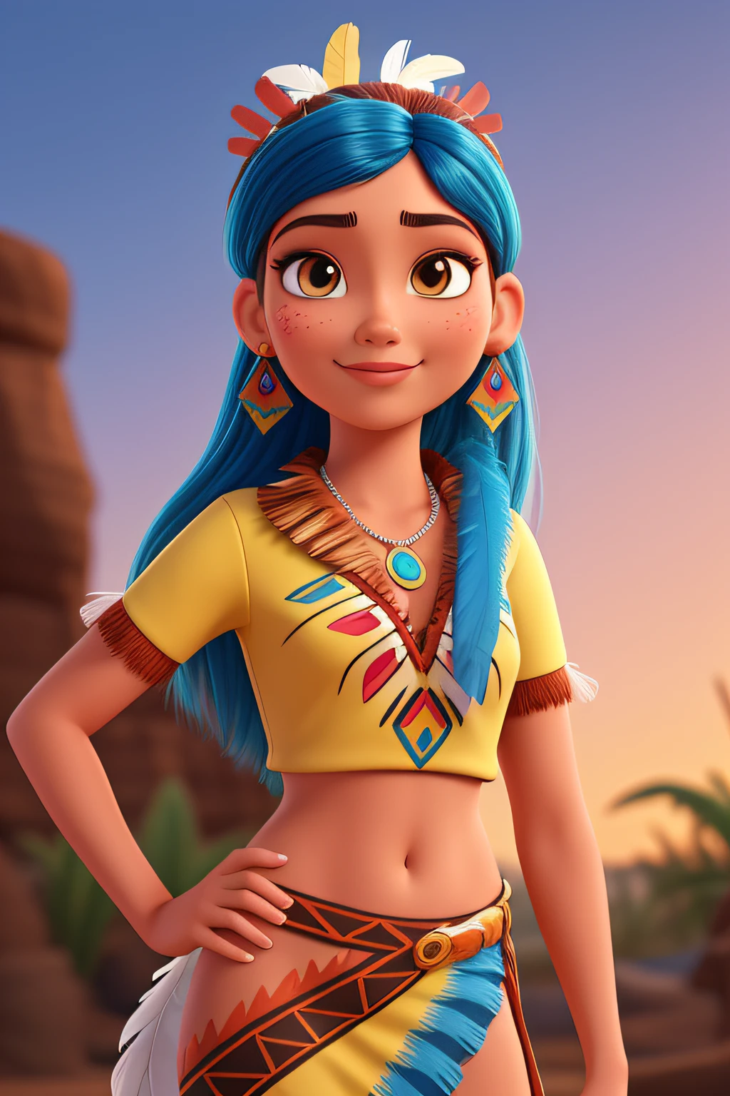 Pixar, cartoon style, young, indigenous, charismatic, elegant woman, with a discreet and soft smile on the front, wearing a feather headdress and beautiful and discreet body paint, with a colorful blouse with graphics, indigenous appearance from the Amazon, 3d Rendering
Abrir no Google Tradutor