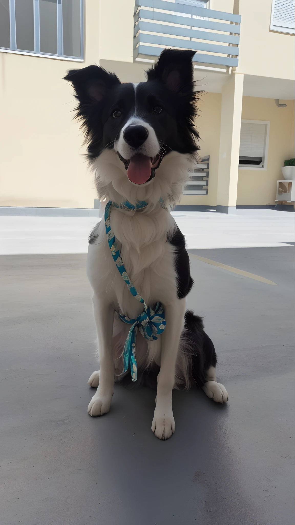 There is a dog that is sitting on the floor with a leash, peludo bonito precisa de sua ajuda, border collie, feliz com a boca aberta, totalmente funcional, happily smiling at the camera, happy dog, muito animado, Detalhes altos!, with a happy expression, muito ligeiramente sorridente, cauda levantada, um tiro largo e cheio, captured with sony a3 camera