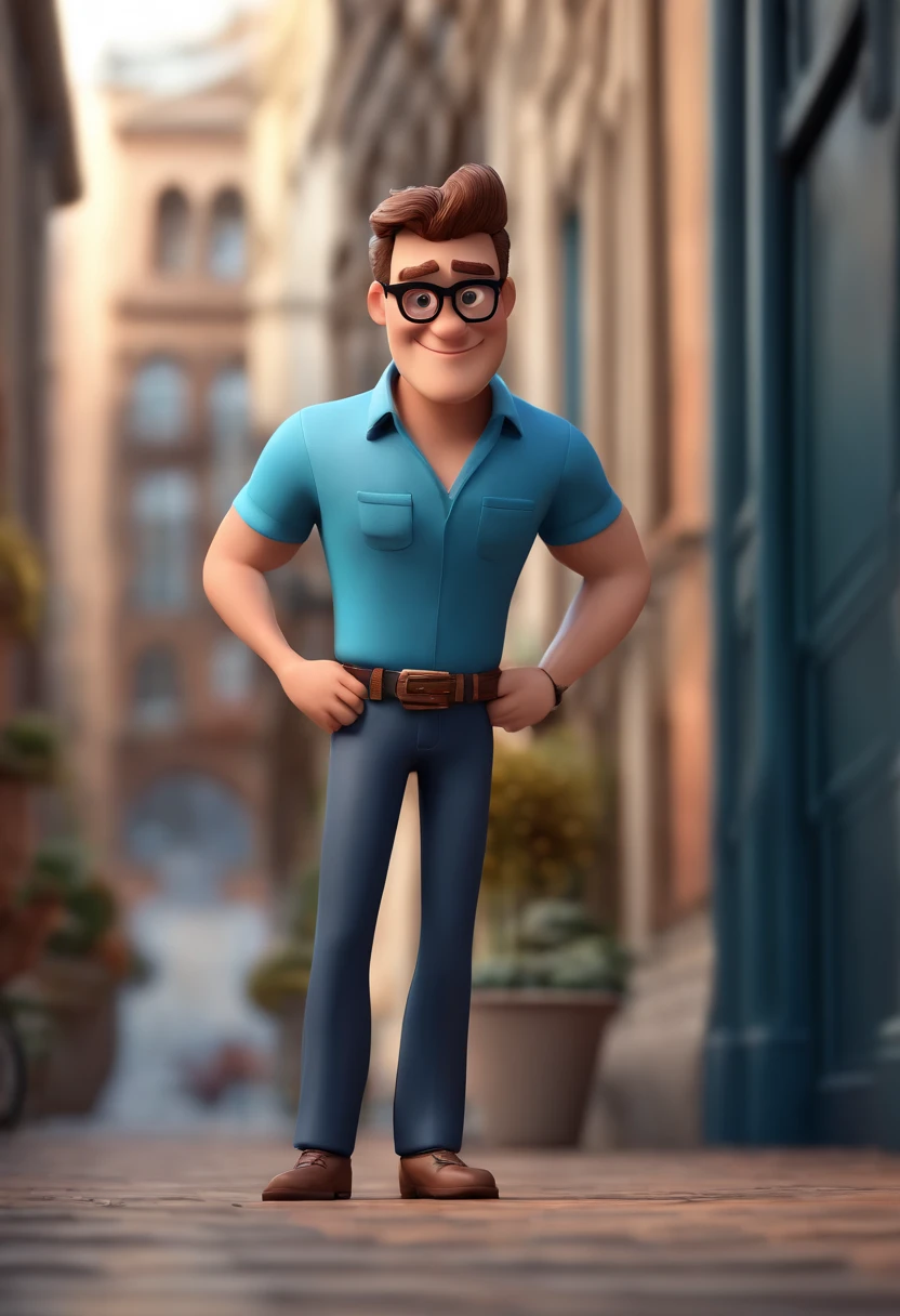 Cartoon character of a man with black glasses and a blue shirt, animation character, Caractere estilizado, animation style rendering, 3D estilizado, Arnold Maya render, 3 d render stylized, toon render keyshot, Personagem 3D, Personagem 3D, 3d rendering stylized, 3 d character render, personagem de desenho animado, Personagem de close up, Pose de personagem, (Estilo Pixar) (master part:1.2) (Bokeh) (best quality) (pele detalhada) (textura detalhada) (8k) (argila) (Cinematic lighting) (foco nítido