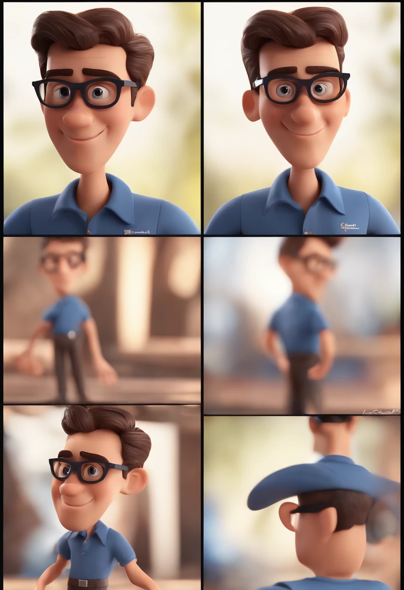 Cartoon character of a man with black glasses and a blue shirt, animation character, Caractere estilizado, animation style rendering, 3D estilizado, Arnold Maya render, 3 d render stylized, toon render keyshot, Personagem 3D, Personagem 3D, 3d rendering stylized, 3 d character render, personagem de desenho animado, Personagem de close up, Pose de personagem, (Estilo Pixar) (master part:1.2) (Bokeh) (best quality) (pele detalhada) (textura detalhada) (8k) (argila) (Cinematic lighting) (foco nítido