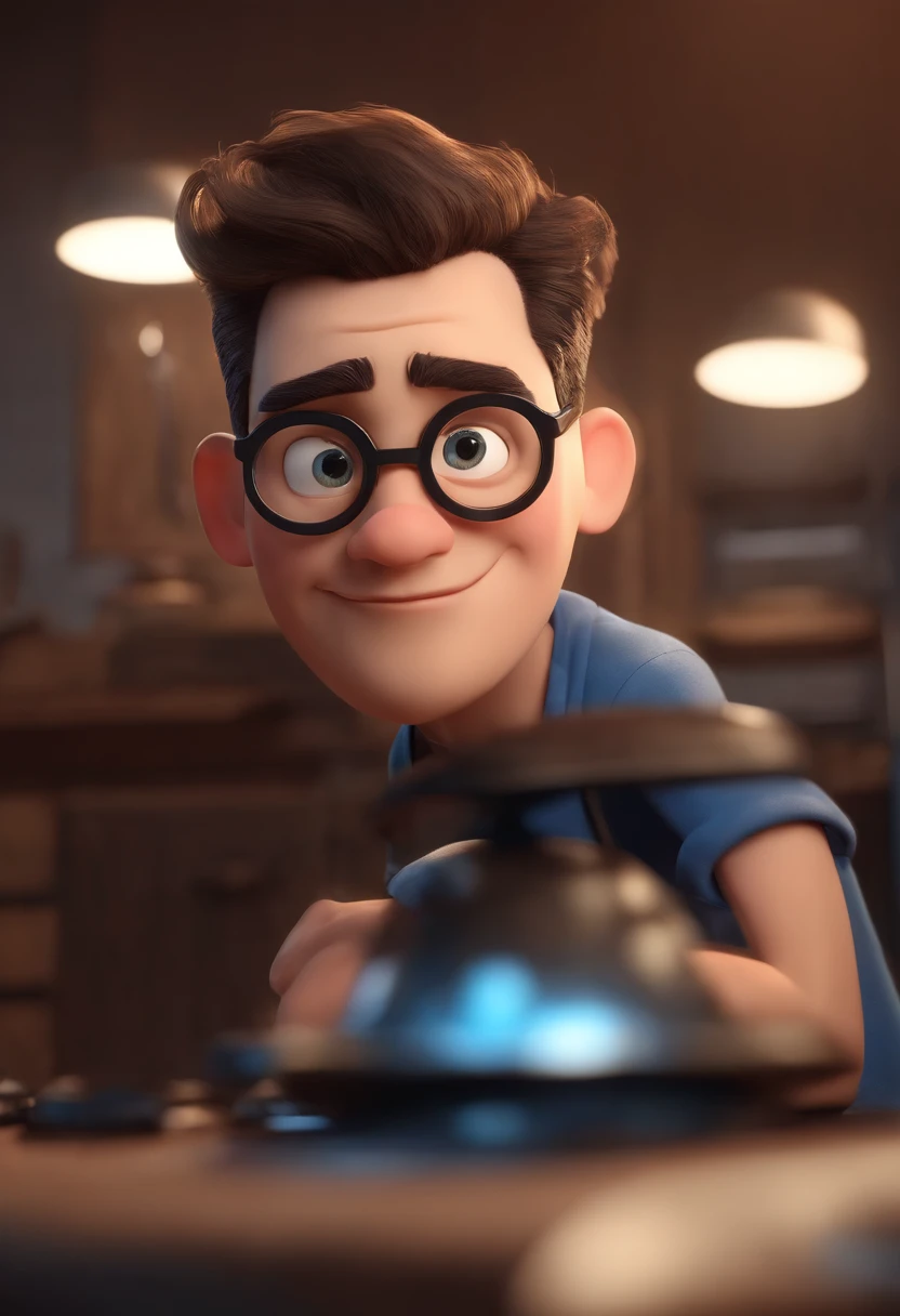 personagem dos desenhos animados de um homem de barba rala, Short hair with blue glasses and a black t-shirt with anime characters printed on it, animation character, Caractere estilizado, animation style rendering, 3D estilizado, Arnold Maya render, 3 d render stylized, toon render keyshot, Personagem 3D, Personagem 3D, 3d rendering stylized, 3 d character render, personagem de desenho animado, Personagem de close up, Pose de personagem, (Estilo Pixar) (master part:1.2) (Bokeh) (best quality) (pele detalhada) (textura detalhada) (8k) (argila) (Cinematic lighting) (foco nítido)