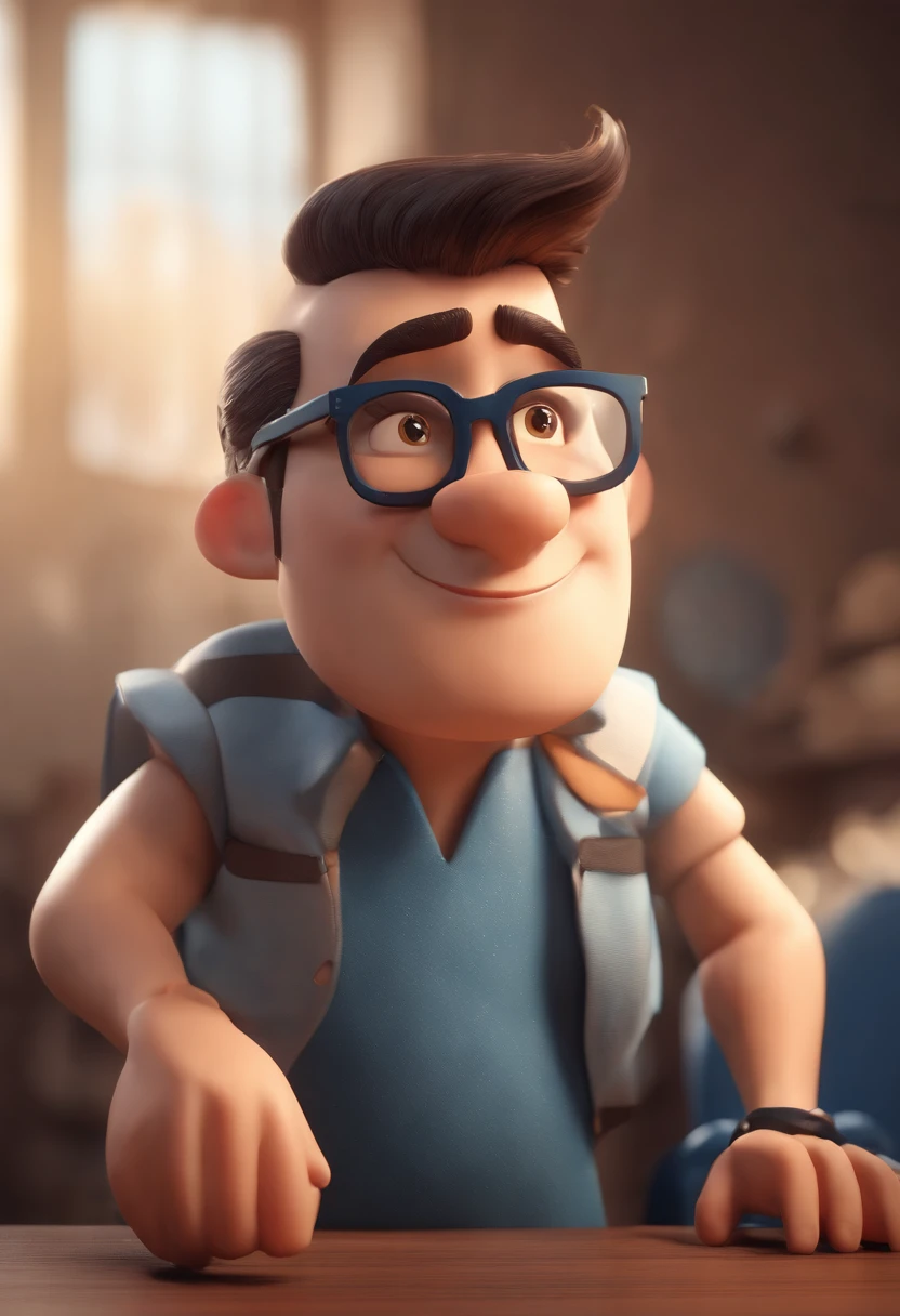 personagem dos desenhos animados de um homem de barba rala, Short hair with blue glasses and a black t-shirt with anime characters printed on it, animation character, Caractere estilizado, animation style rendering, 3D estilizado, Arnold Maya render, 3 d render stylized, toon render keyshot, Personagem 3D, Personagem 3D, 3d rendering stylized, 3 d character render, personagem de desenho animado, Personagem de close up, Pose de personagem,  (Estilo Pixar) (master part:1.2) (Bokeh) (best quality) (pele detalhada) (textura detalhada) (8k) (argila) (Cinematic lighting) (foco nítido)