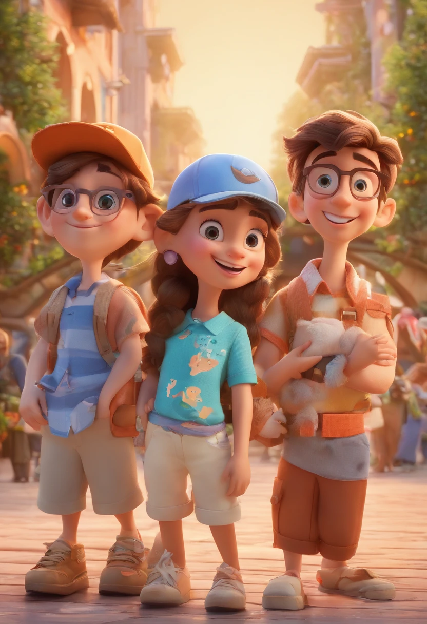 Cartoon of friends having fun on vacation together, 3D Animation Movie Poster, Poster de filme animado, pixar 3 d animation style, pixar renderman rendering, maia 8 mil, animated film, Disney Pixar Estilo 3D, amigos felizes saem juntos, all wearing light blue shirts and cream brown long pants, camisa azul clara, cream brown pants, ao ar livre, vacation, Disney Pixar Animation Poster