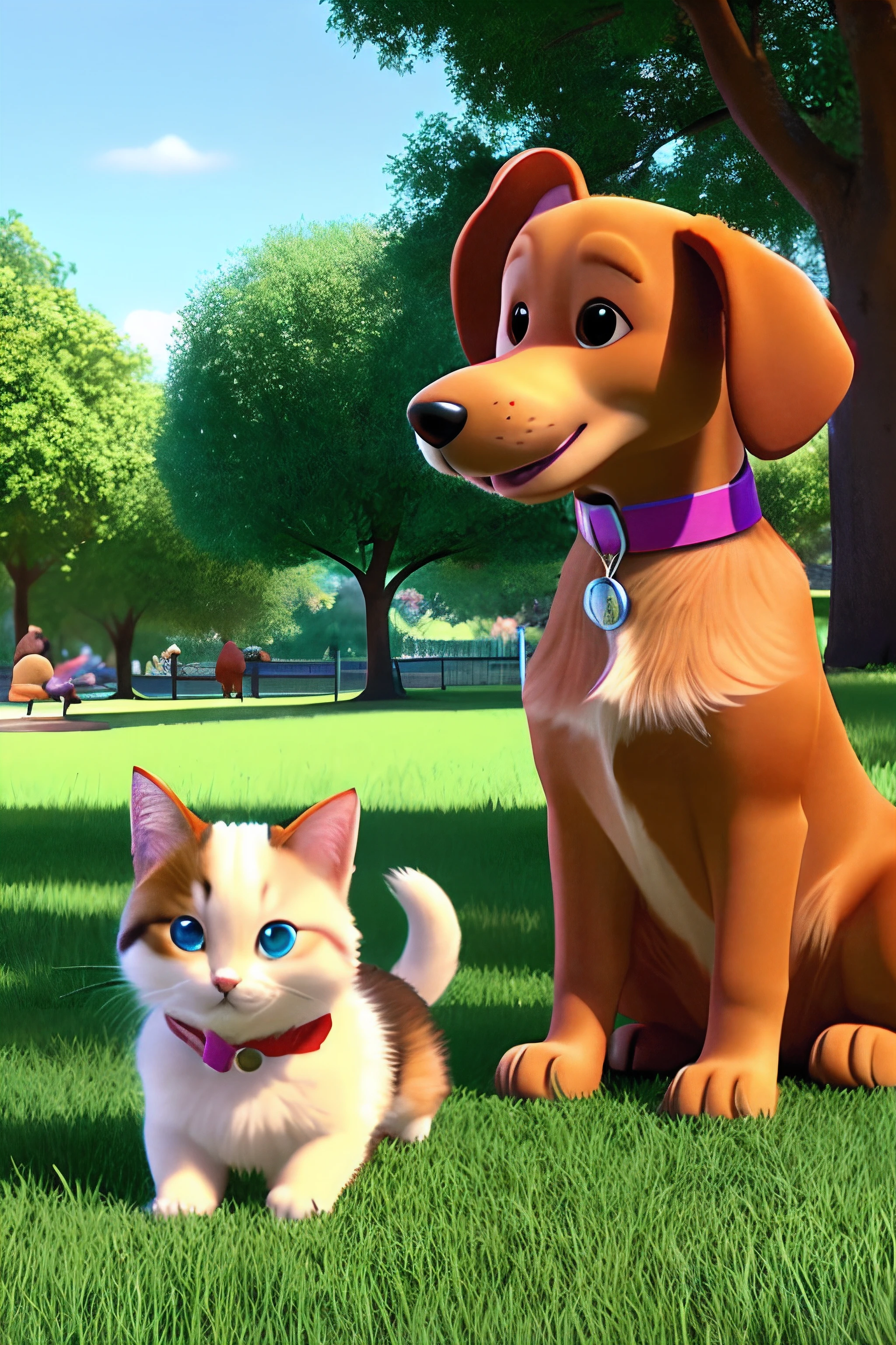 Cute dog and cat, Disney pixar | in a park