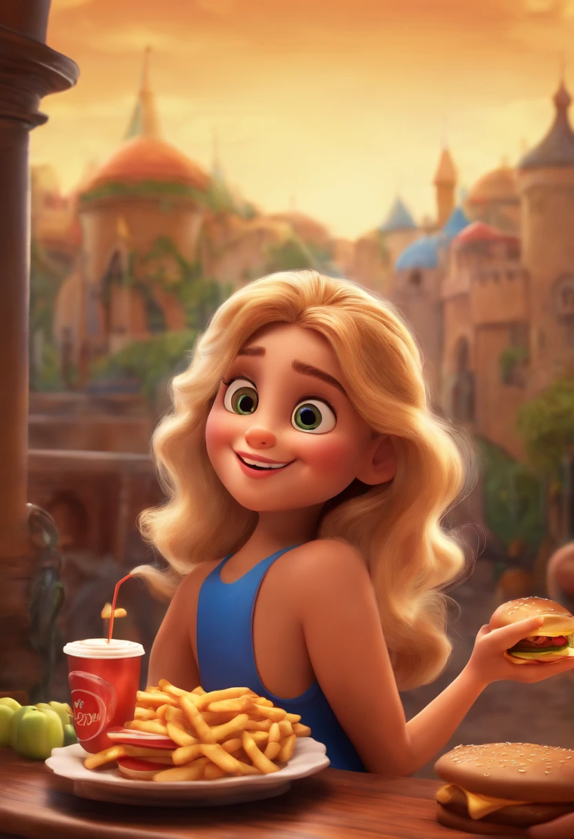 Make a Girl, She's hungry, como Disney Cartoon, She's eating hamburger, Pixar, ..3d, Disney