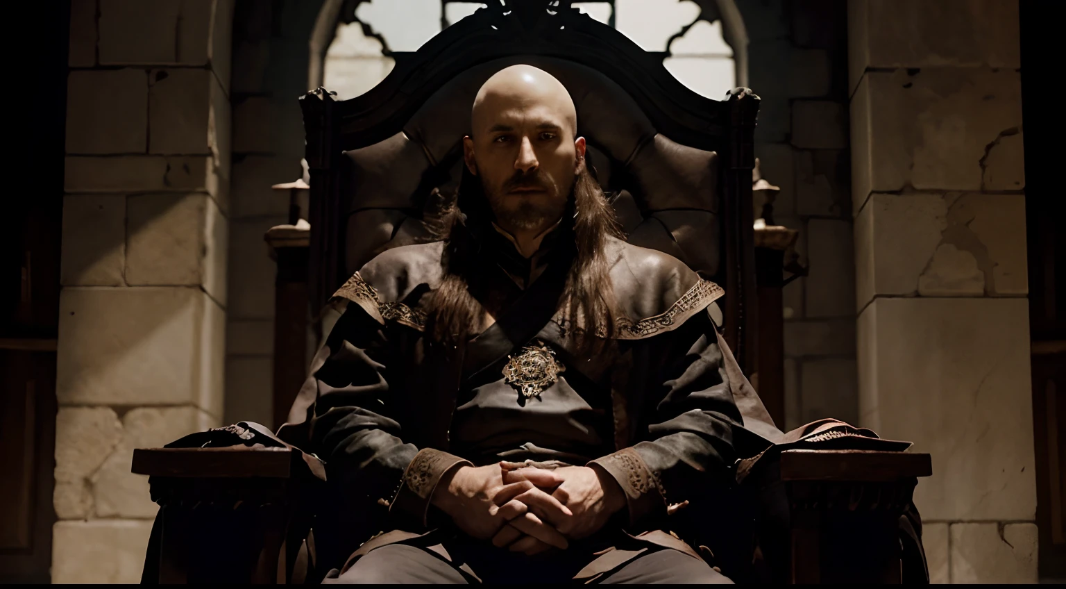Castlevania lord of the shadows bald handsome sitting with him king on the throne, photo hyperrealism
