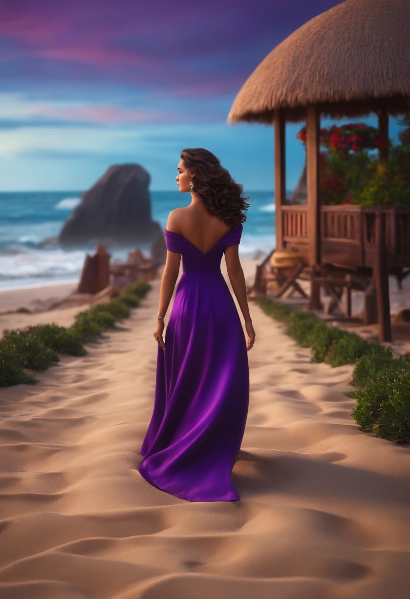 Imagem estilo Pixar com personagem 3D mulher morena, cabelos ondulados castanho escuro, vestido roxo na praia