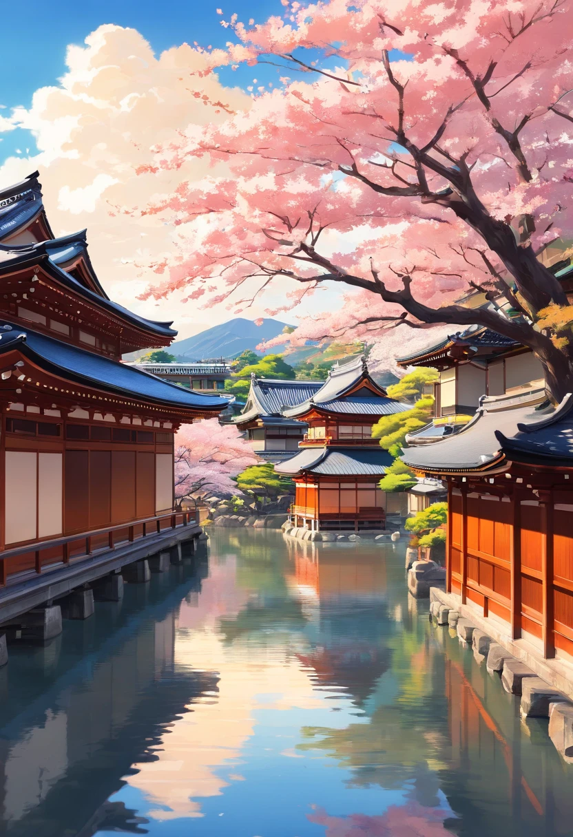 Transportation to the historic city of Kyoto, Japan, through an image that captures the essence of the tradition and beauty of this iconic city. Nesta cena, Kyoto se revela como um tesouro cultural, where the ancient and the contemporary merge in a charming way.
no centro da imagem, ergue-se majestosamente o Templo Kinkaku-ji, also known as the Golden Pavilion. Bathed in the morning sun, suas paredes brilham em dourado resplandecente, reflecting on the surface of the serene lake that surrounds it. Cercado por um jardim meticulosamente projetado, o templo parece uma joia preciosa no meio da natureza exuberante.
The cherry trees are in full bloom, adornando a paisagem com seus tons suaves de rosa. Some of the flowers fell delicately on the shores of the lake, Creating a picturesque and romantic view.
Um caminho de pedra serpenteia pelo jardim, levando os visitantes a uma pequena ponte de arco vermelho que cruza um riacho. A ponte parece um elo entre o passado e o presente, a visual metaphor for the cultural heritage and modernity that coexist in Kyoto.
No horizonte, The silhouettes of the temples and pagoda towers stand out against the clear blue sky. The city's narrow streets and traditional rooftops add a touch of authenticity to the scene, reminding us of Kyoto's rich history as a former imperial capital.
The sky above is adorned with soft white clouds, criando um contraste suave com as estruturas douradas e os tons vibrantes da natureza.
This image transports you to a magical moment in Kyoto, where the past and the present intertwine harmoniously in a landscape that is both visually stunning and culturally significant