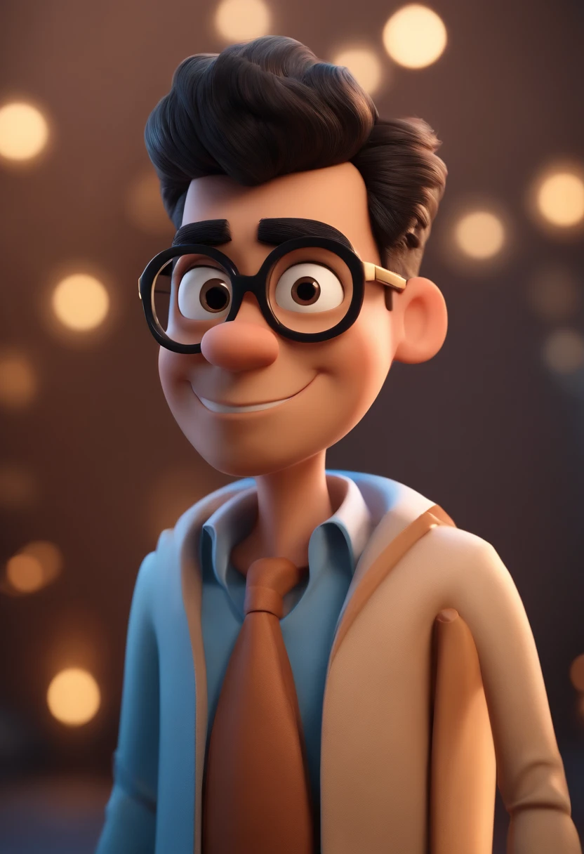 Cartoon character of a man wearing black glasses and a blue shirt, um personagem animado, Caractere estilizado, animation style rendering, 3D estilizado, Arnold Maya render, 3 d render stylized, toon render keyshot, Personagem 3D, Personagem 3D, 3d rendering stylized, 3 d character render, personagem de desenho animado, Personagem de close up, Pose de personagem, (Estilo Pixar) (master part:1.2) (Bokeh) (best quality) (pele detalhada) (textura detalhada) (8k) (argila) (Cinematic lighting) (foco nítido,Senta e vaza a parte superior do corpo