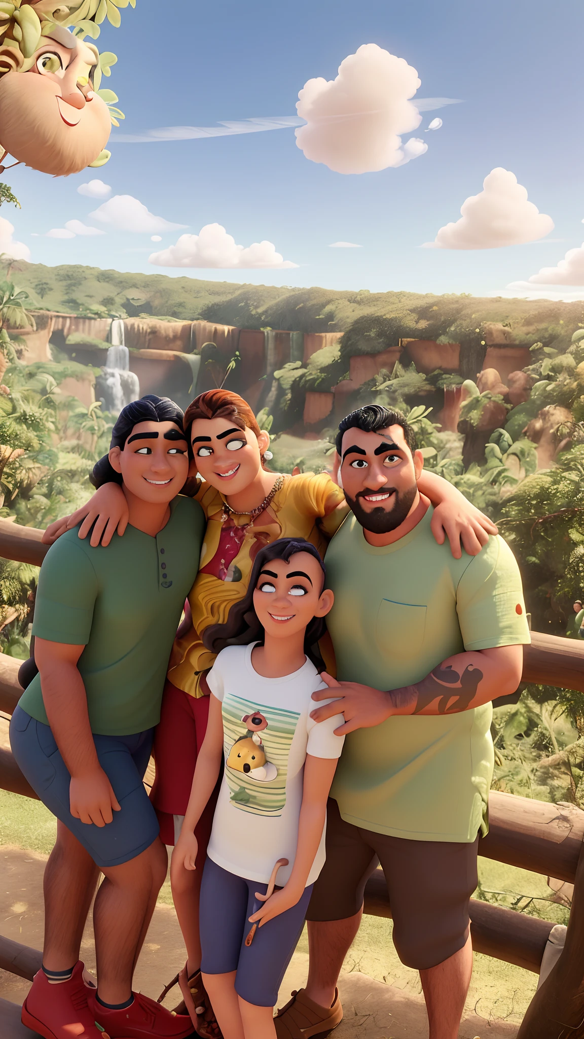 Arafed family posing for photo in front of a waterfall, cachoeiras ao fundo, Family photo, vacation photo, Familiar, cachoeira ao fundo, divertindo-se, imagem do avatar, belos arredores, com uma cachoeira, em frente a uma cachoeira, Happy family, fami, com cachoeiras, family portrait, vista deslumbrante, david rios ferreira, brasileiro estilo Disney/Pixar