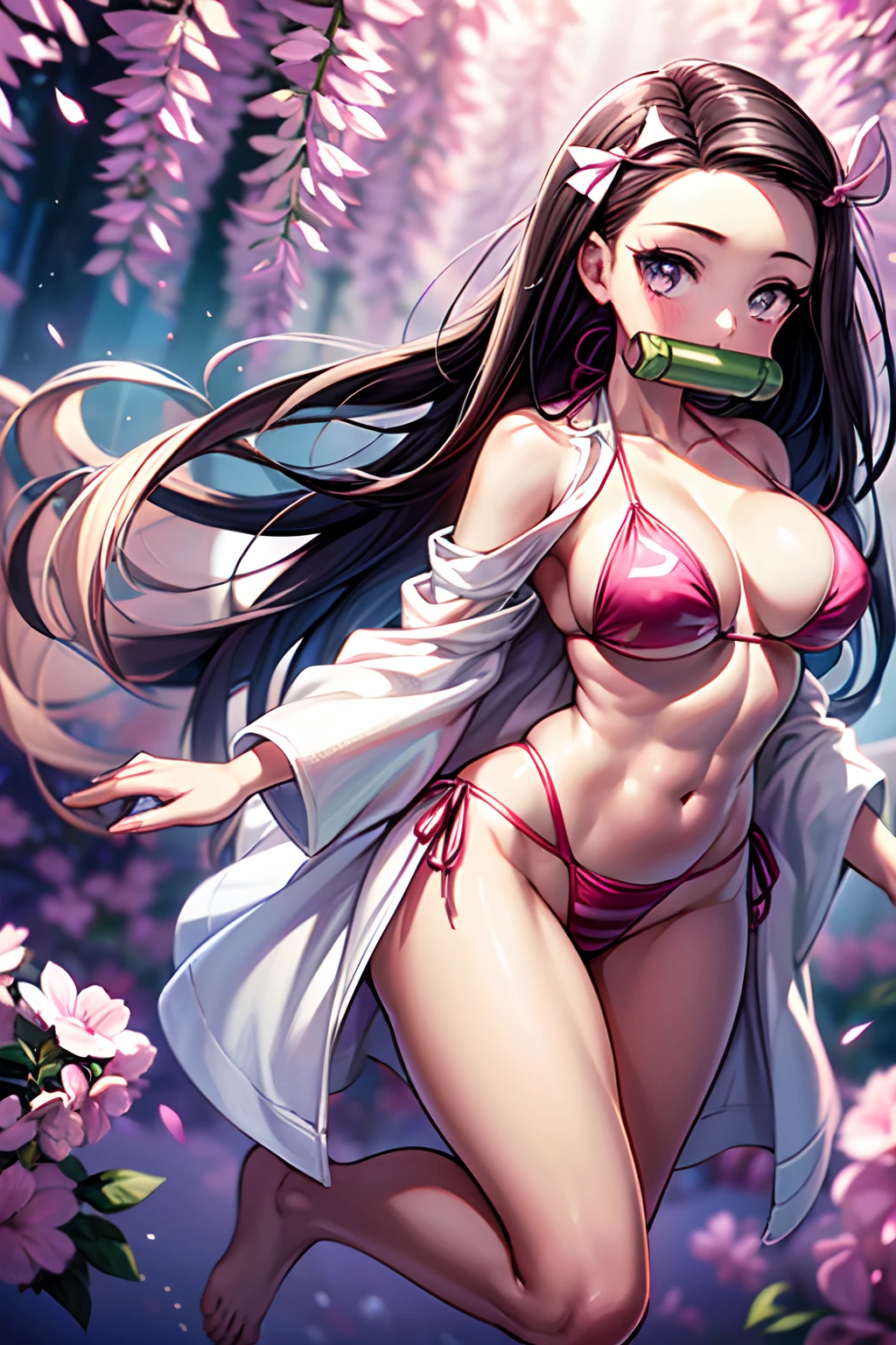 ((1 adult girl)), adult body, seductive face, good lighting, fine details, bright eyes, black hair, gag, bamboo, (((Nezuko Kamado))), wisteria background, full body, wide hips, breasts medium, (((wearing very short bikini))), muscular thighs, muscular belly, standing, barefoot, light pink, wavy hair, full body photo, black hair, long hair, high details, anime, anime style, cinematic lighting , jpeg artifacts, bright light, divine rays, ray tracing, drop shadow, panorama, Sony FE, UHD, masterpiece, precise, super detail, high quality, high resolution, 16k