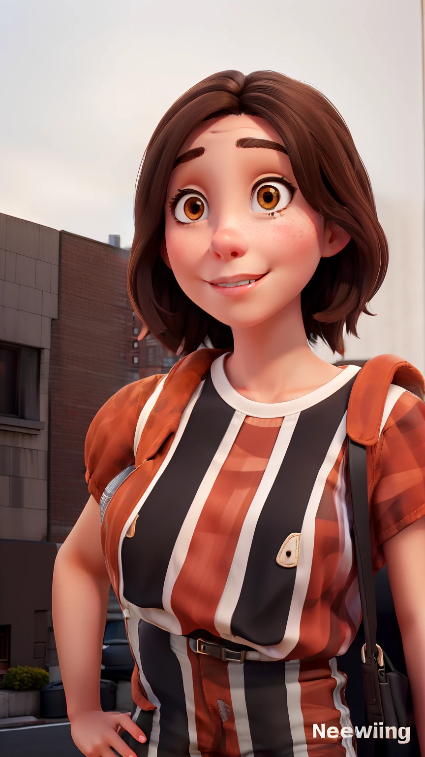Young white woman, medium dark brown hair, brown eyes, wearing jeans and black blouse walking on New York street