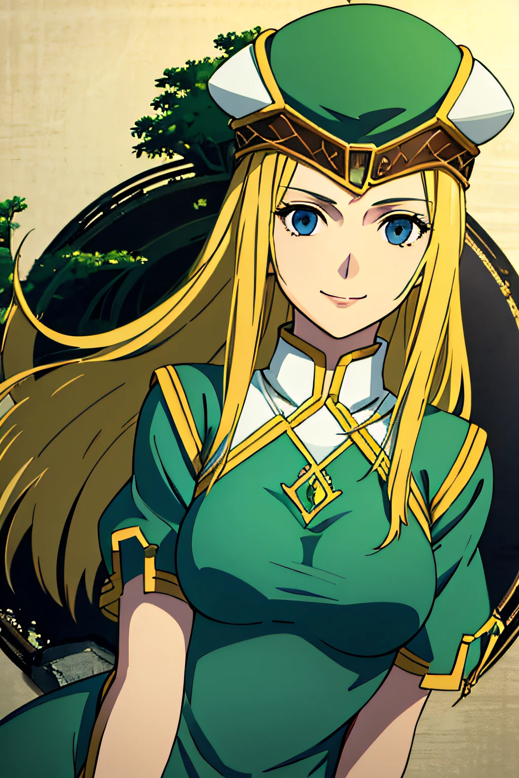 VALKYRIEPROFILEFREYA, long hair, blonde hair, blue eyes, hat, green dress, 1girl, solo, facing viewer, looking at viewer, upper body, smile