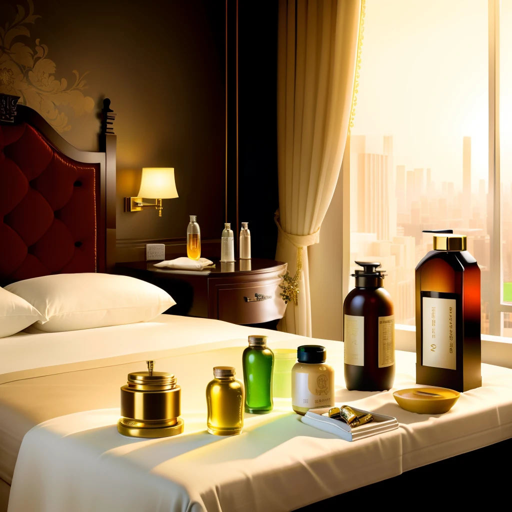 Supplements and small bottles are placed on the bedside table of a luxury hotel。