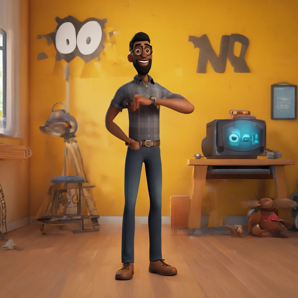 create a 16:9 Pixar-style image from the movie "Soul". It must contain a 34-year-old Brazilian man, dark skinned, slightly overweight, 1.68 meters tall, straight Latin style hair, short and full beard, wears blue glasses and plays the keyboard with a DCLR camera hanging around his neck. He must look stylish in a black t-shirt with black and yellow "Atos Sound" logo. He is on a wooden platform as if it were a stage, with a black wall in the background. Develop this art in Full HD, Focus on your cinematic touch, Disney Pixar Animations Style